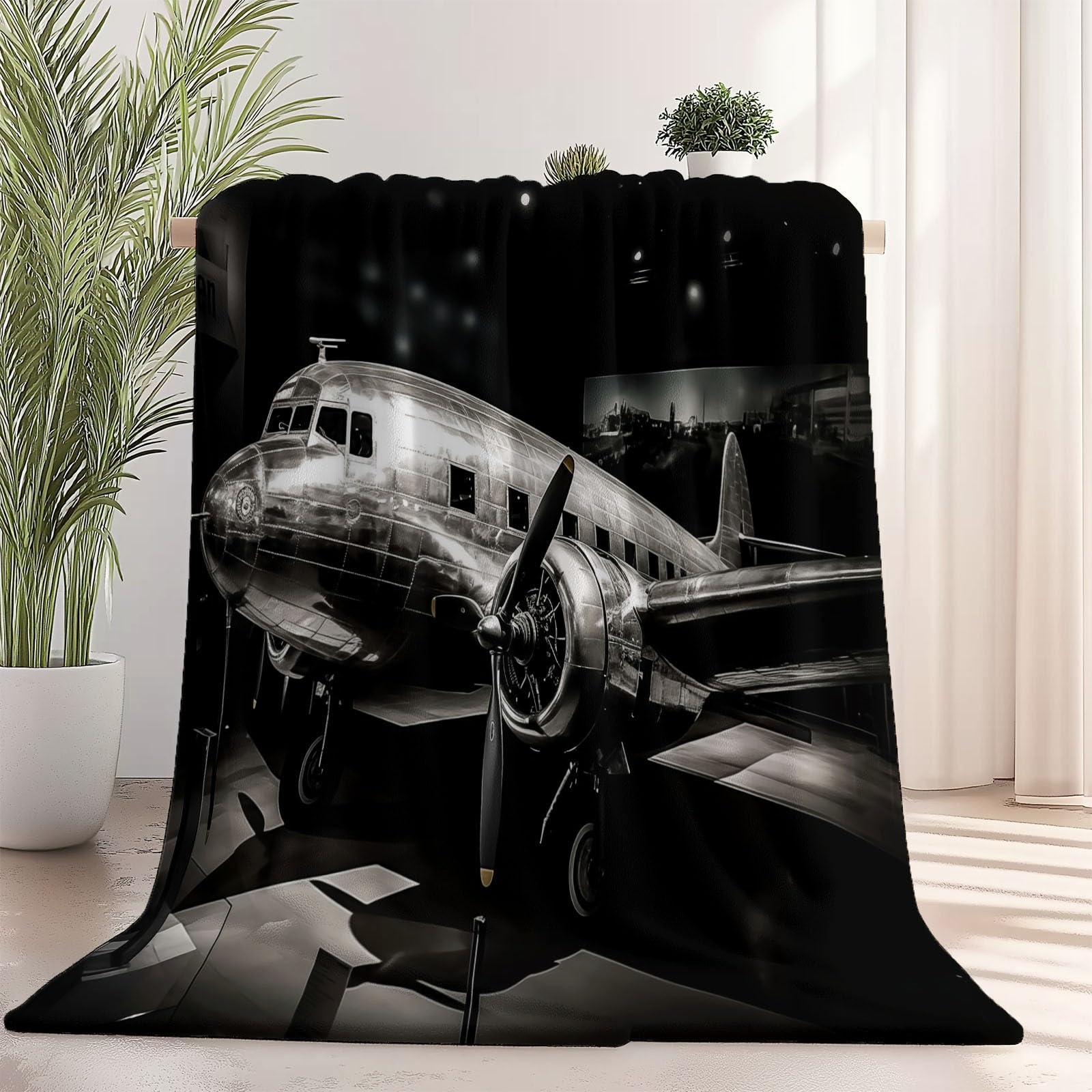 Koc polarowy 200 x 220 cm samolot zabytkowy czarny flanelowy koc polarowy dla 2 osób, z nadrukiem, miękki i ciepły na sofę