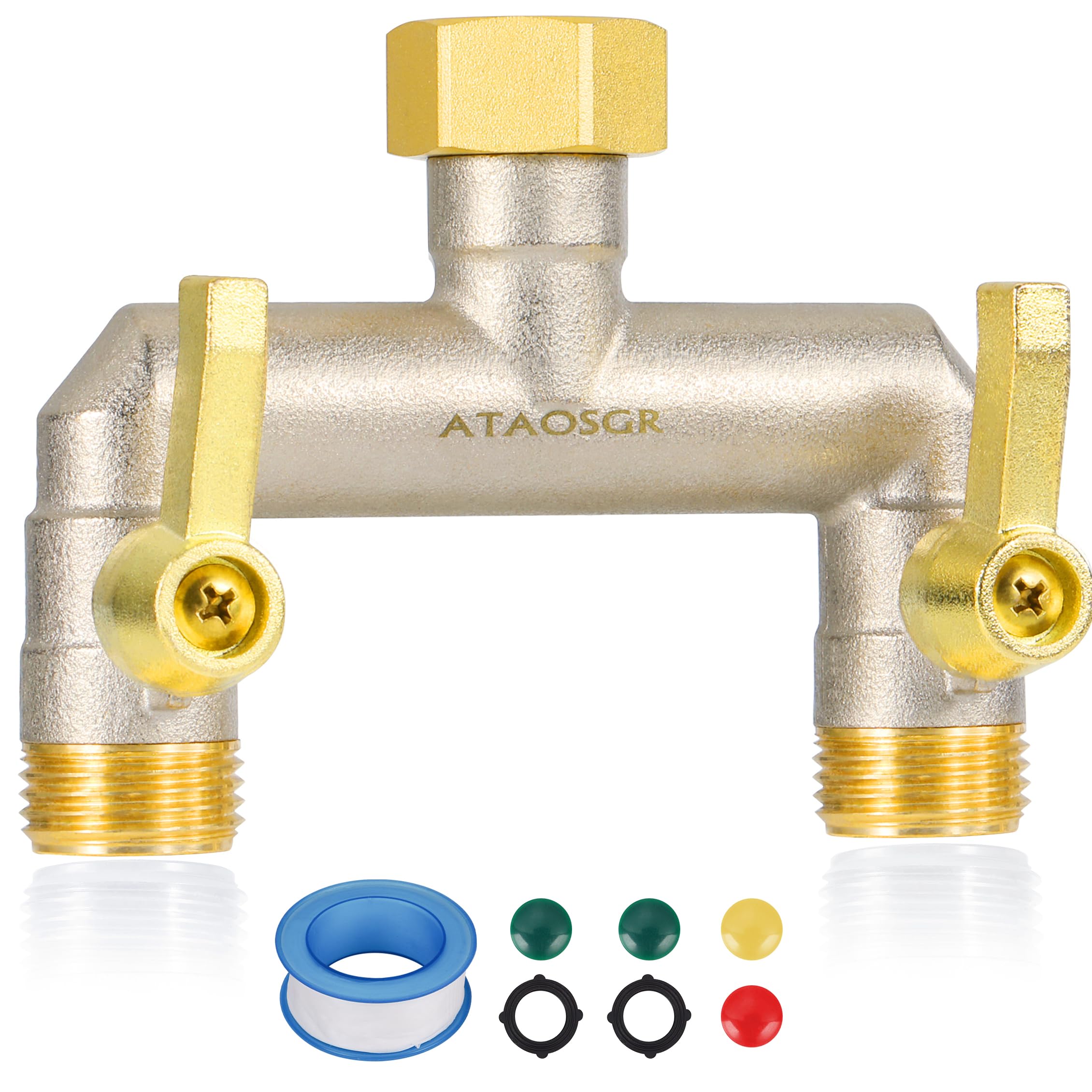 Divisor de manguera de jardín de flujo completo, divisor de grifo de 2 vías de alto caudal, hecho de latón niquelado resistente, rosca GHT de 3/4 pulgadas con válvula de cierre, mango de metal