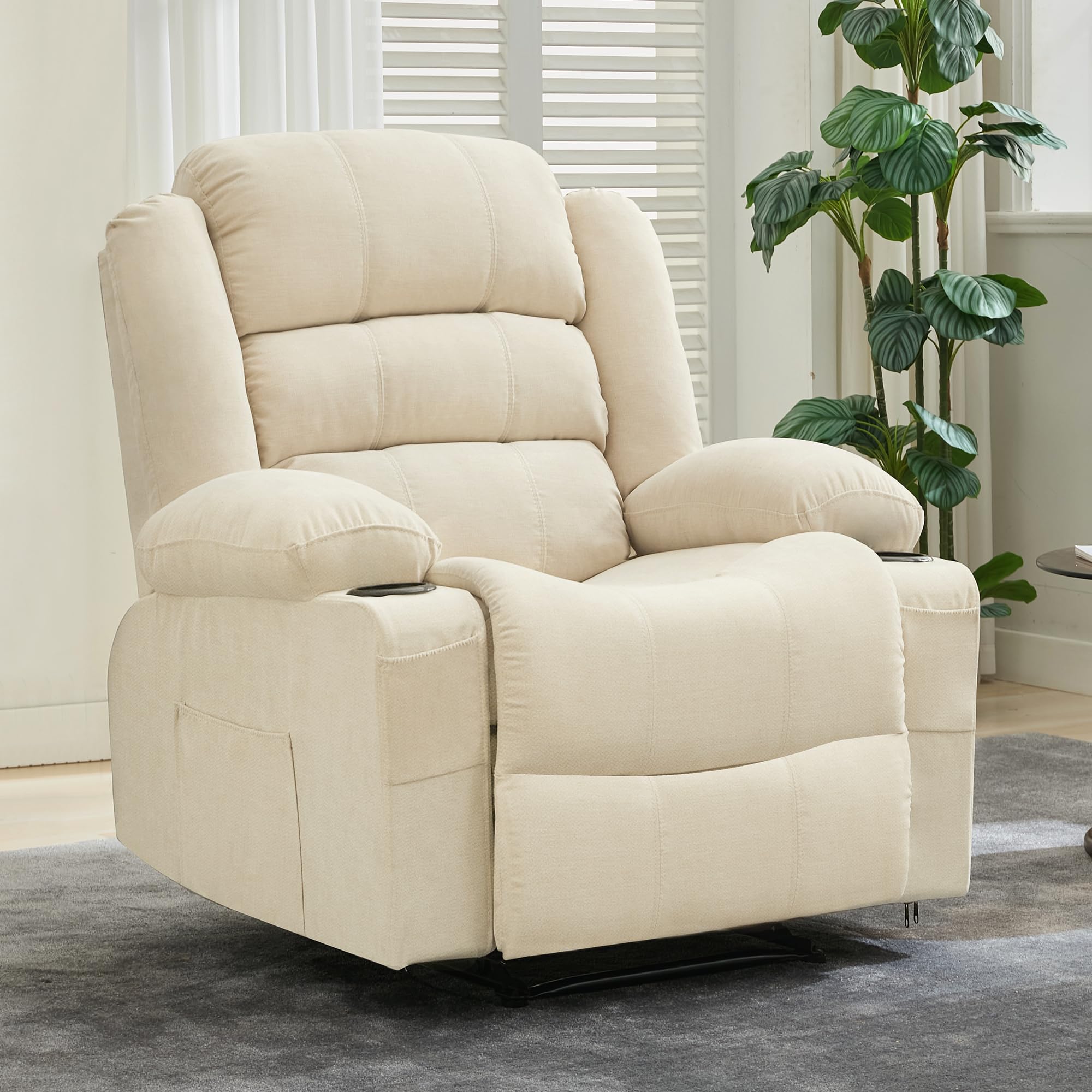 Wide Manual Recliner Chair for Adults, Overstuffed Breathable Fabric Lounge Chair with 3 Angle Modes, 2 Cup Holders, Side Pocket, Soft Lazy Lounge