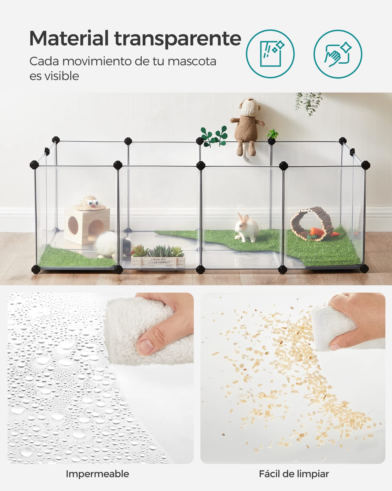 SONGMICS Valla para Mascotas, Parque para Cobayas con Suelo, Recinto Interior de Plástico Transparente para Hámsters, Conejos, Erizos, para Animales Pequeños, 143 x 73 x 46 cm, Blanco LPC02W