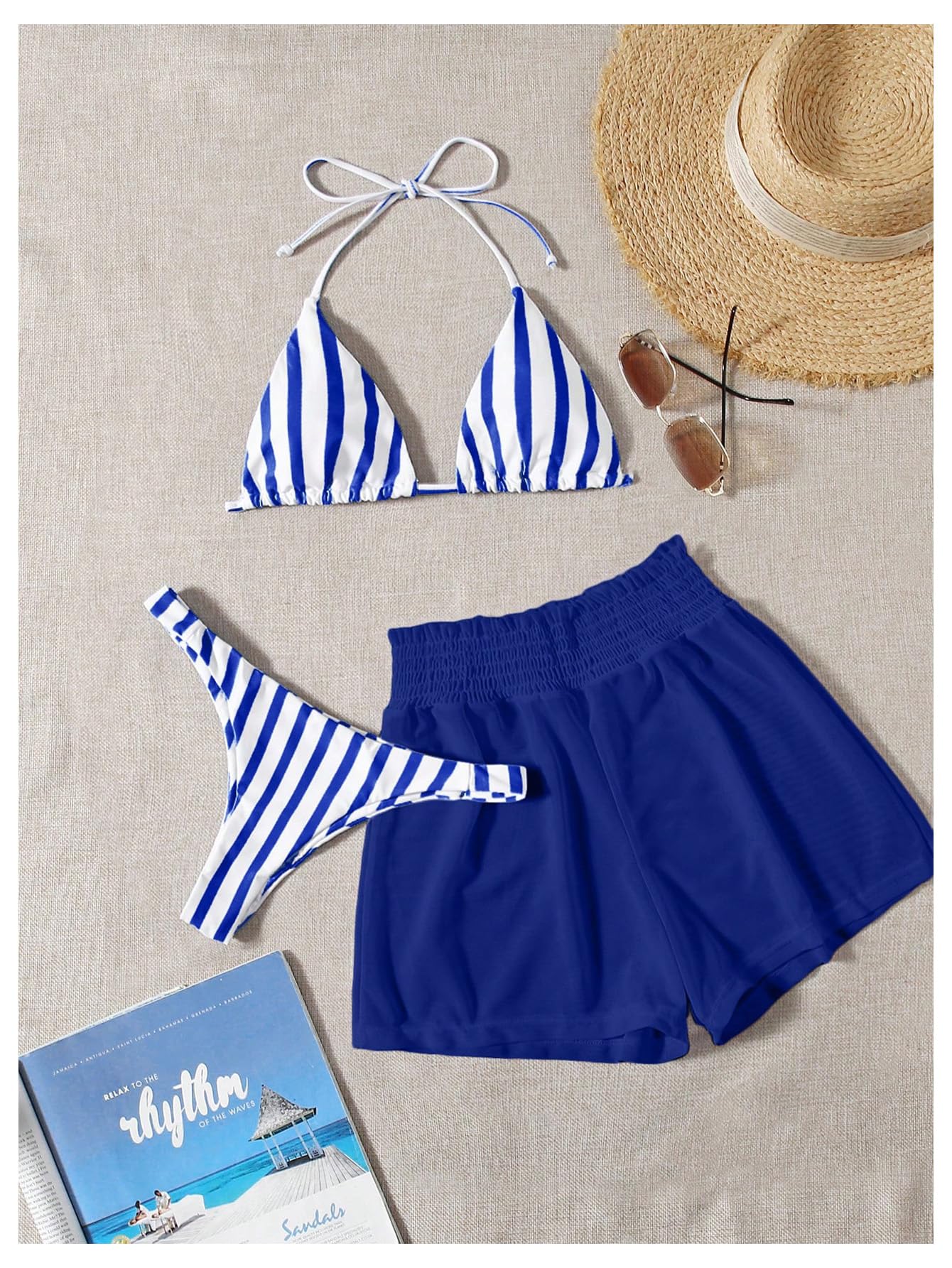 Costume da Bagno Bikini A Righe da 3 Pezzi da Donna, Costume da Bagno con Stringhe A Triangolo E Pantaloncini da Spiaggia, Blu E Bianco Piccolo