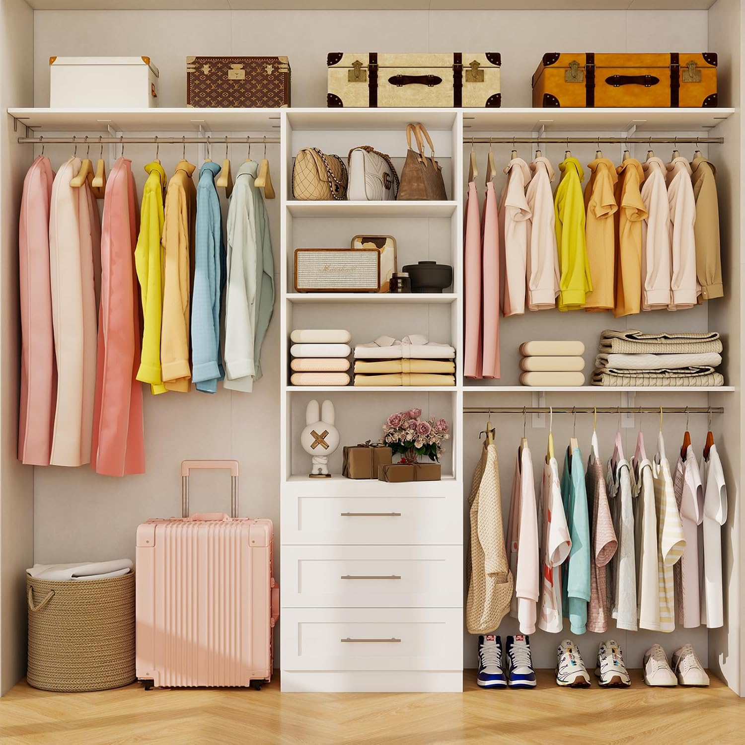 Closet System with Drawers, 5FT-8FT Closet Organizer System with 3 Side Top Shelves(Cuttable) & 3 Expandable Hanging Rods, 96" Walk in Closet Storage Shelving System, Walk in Closet System, White