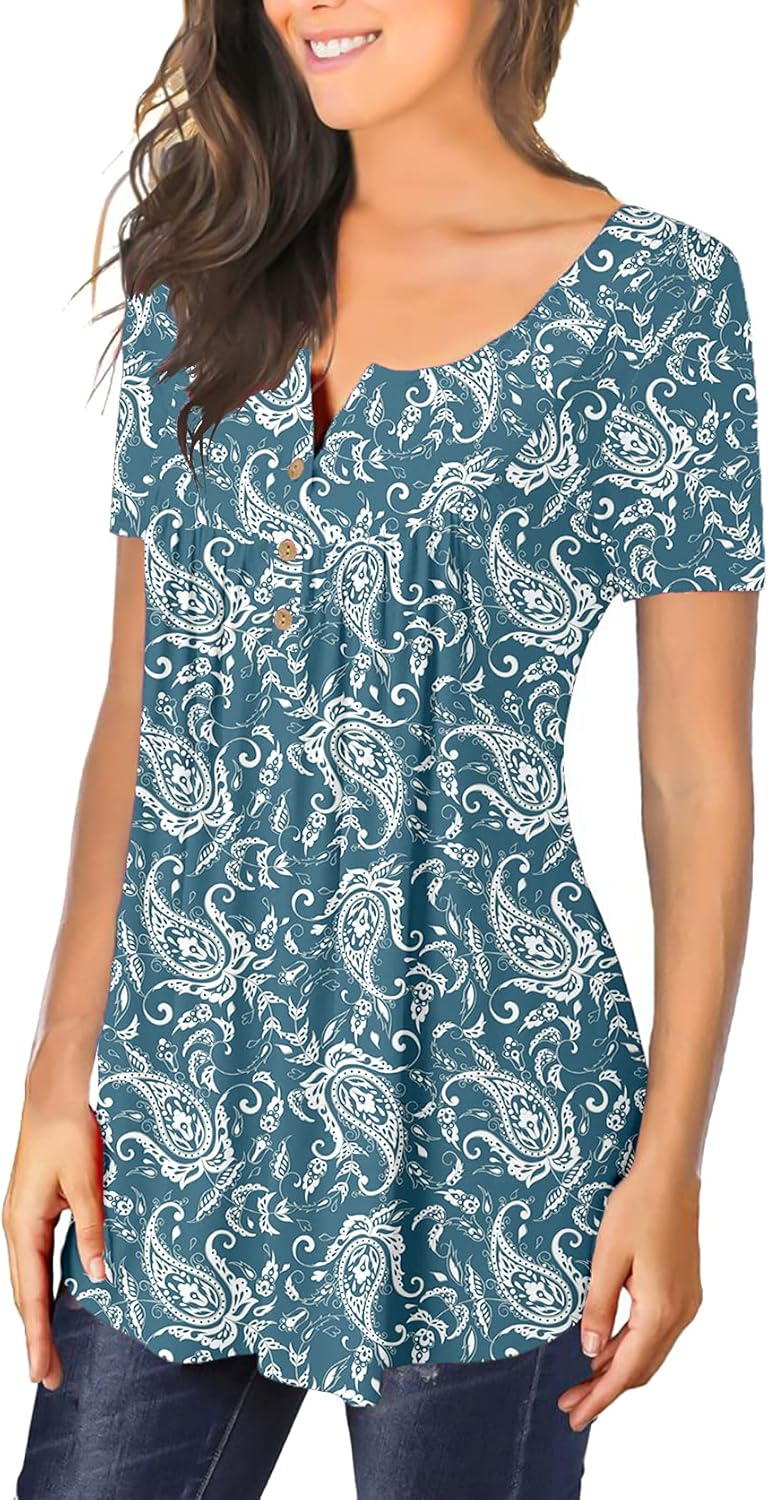 Women's Shirts Casual Blouse Short Sleeve Ruffle Button Up Tunic Tops Fit Flare S-3XL X-Large 5-green Floral