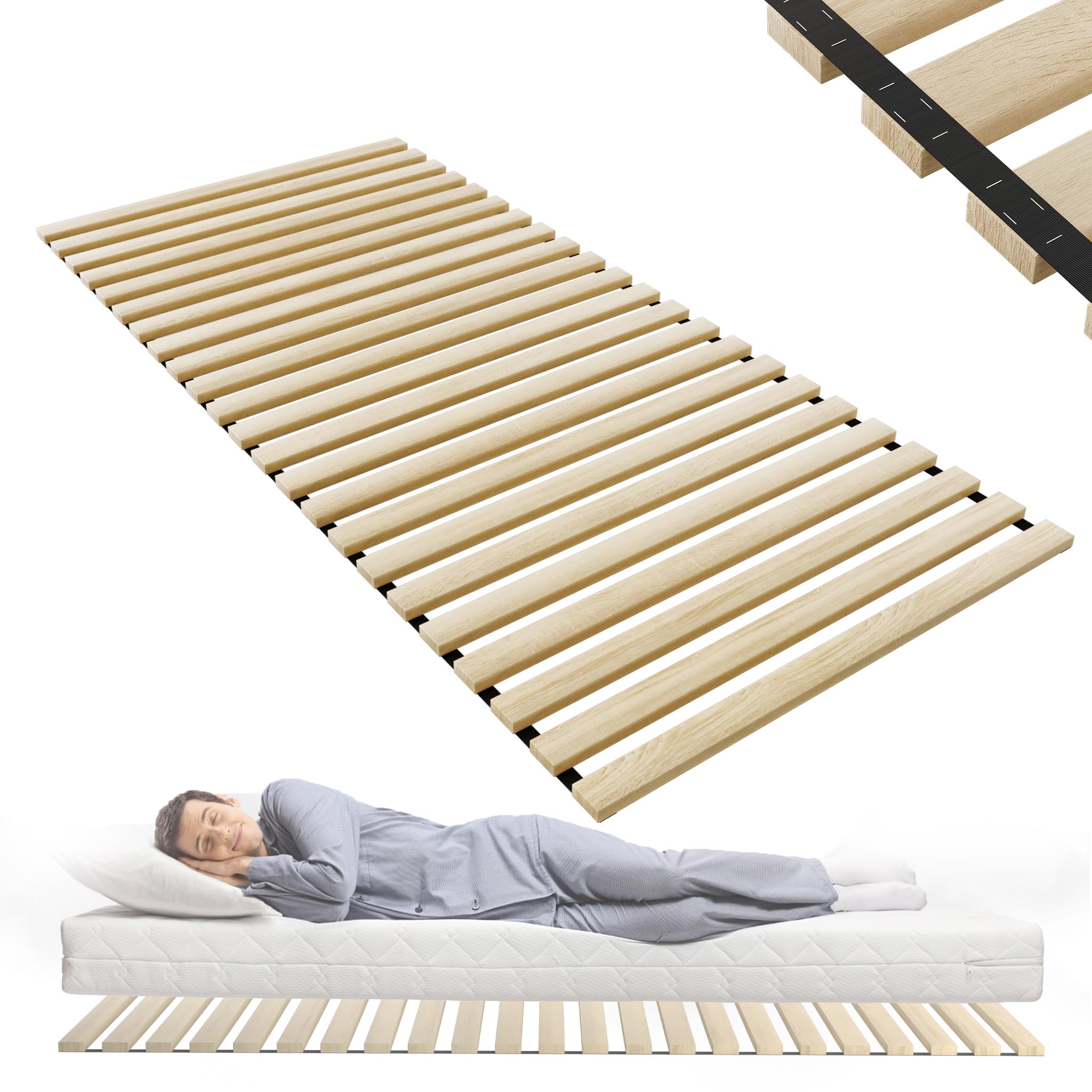HENGMEI Lattenrost Rollrost Rolllattenrost aus Fichtenholz 90x200cm mit 23 Leisten, Faltbare Lattenroste mit Schwarz Gummiband, belastbar bis 300 kg für alle Matratzentypen Latten Rost