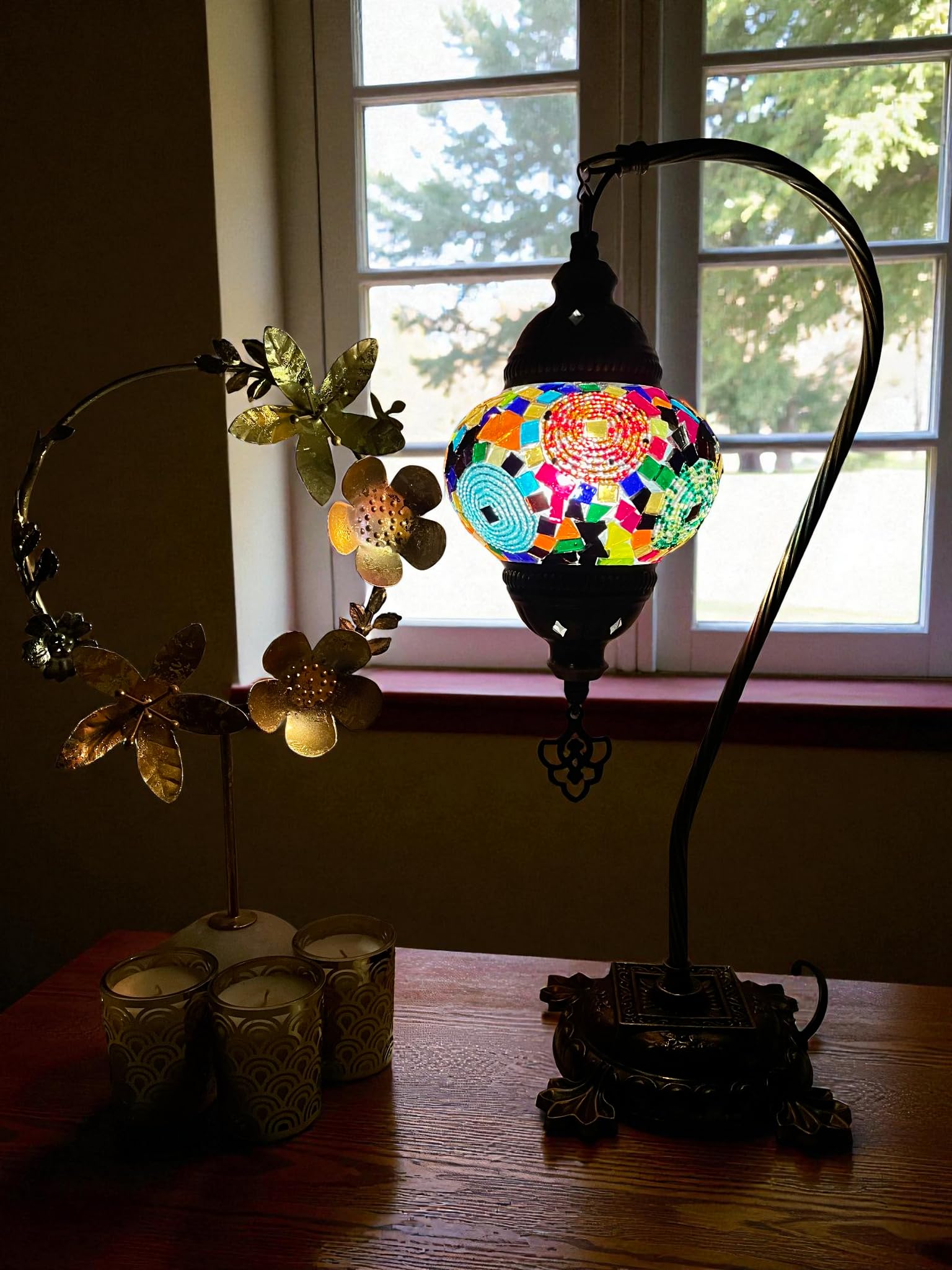 Lightza Handmade Turkish Moroccan Mosaic Desk Lamp LED Bulb | Swan Neck Unique Globe Lampshade Table Light | UK Tested Safe Energy Efficient (Multi Color Flowers) โ image 1