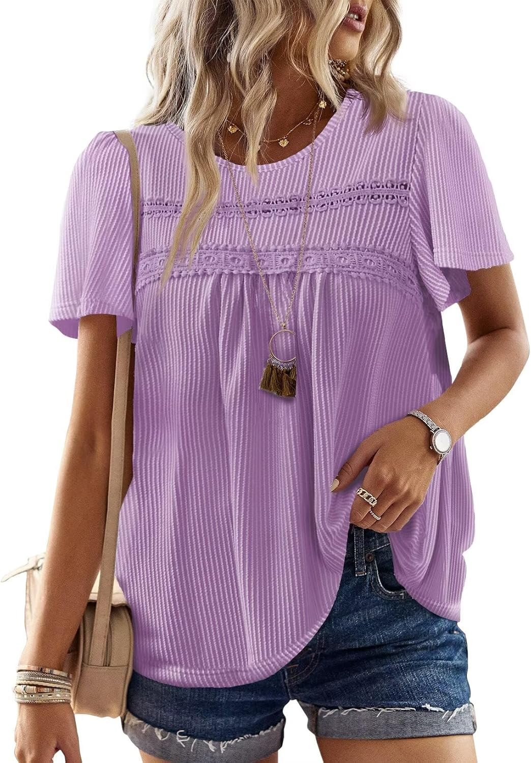 Womens Summer Tops Crewneck Short Sleeve Striped Shirts Casual Ribbed Blouses Flowy Hem Boho Clothing 2026