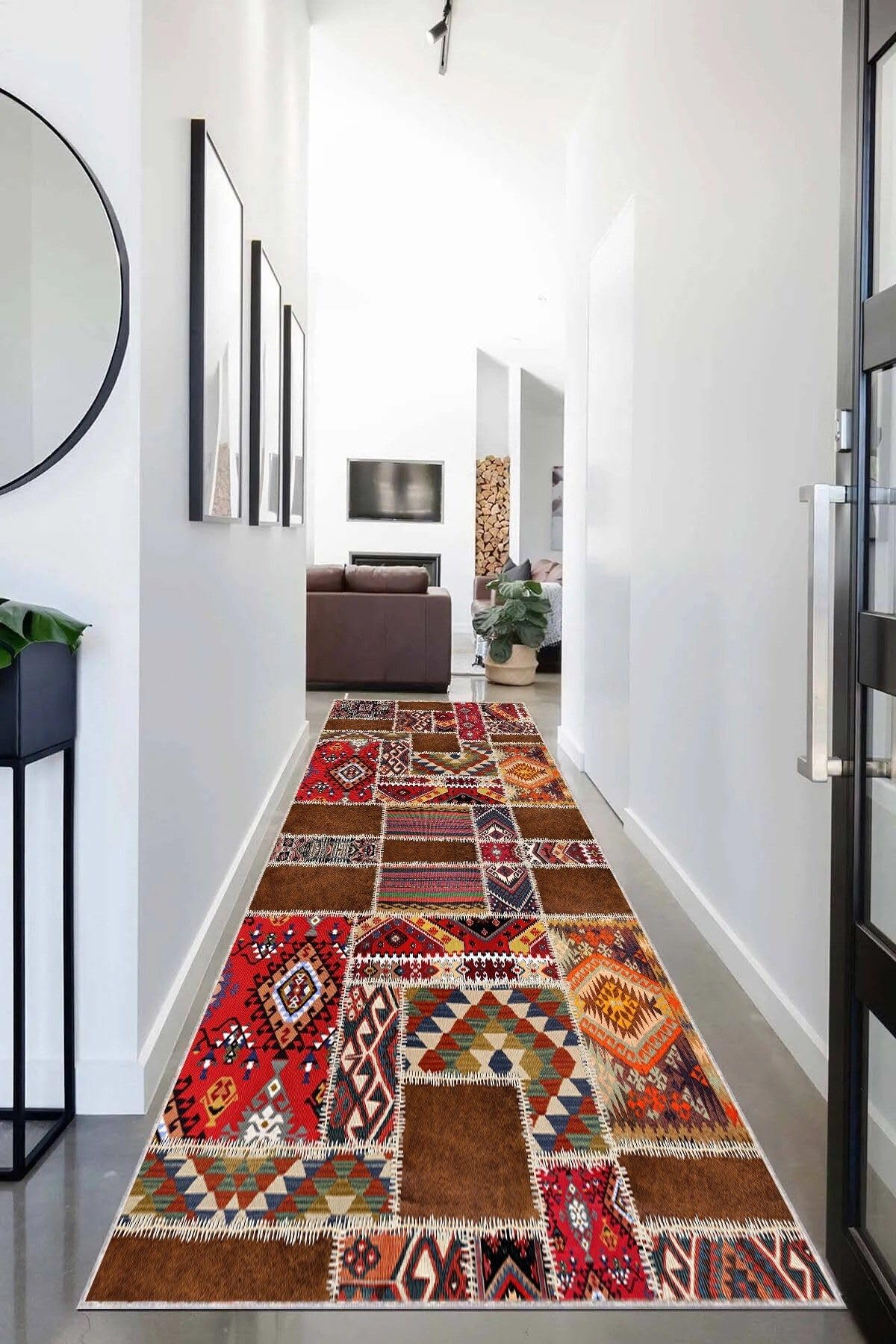 Pelangi Kilim Desenli Etnik Dijital Baskı Yıkanabilir Kaymaz Taban Modern Salon Halı ve Yolluk, Kırmızı 80 x 500, 95541126805007