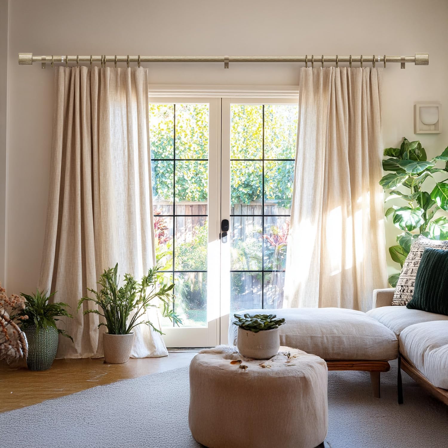 Boho Weathered Wood Curtain Rods for Windows 72 to 144 inch 1" Adjustable Heavy Duty Curtain Rod with Handmade Wood Grain Design Decorative Drapery Rods for Living Room Bedroom Outdoor