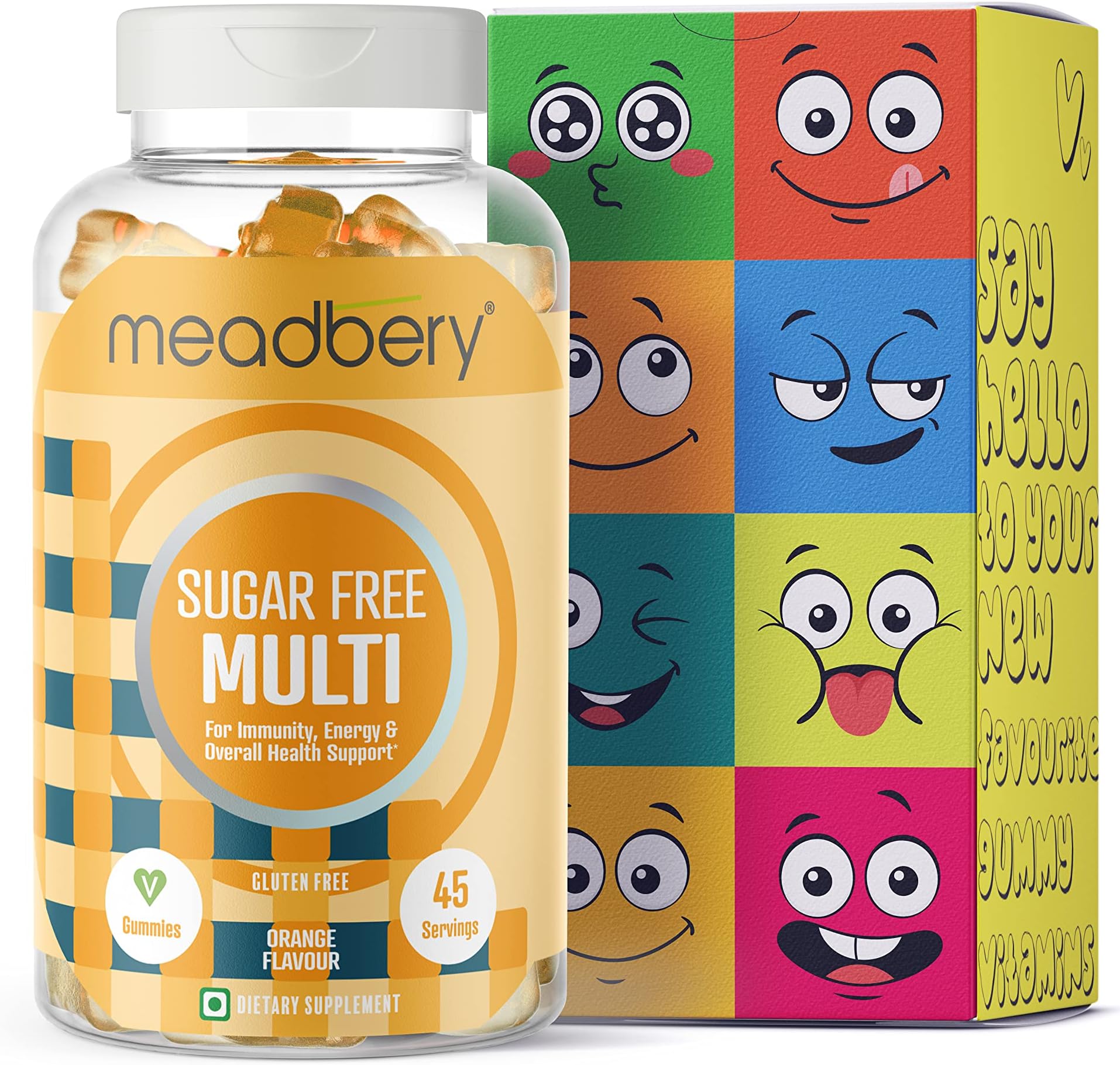 Meadbery Sugar Free Multivitamin Vegetarian Diabetes Gummies for Blood Sugar control with Iodine & Essential Vitamins B; B12; B6; C; D; E For Overall Growth, Development & Immunity 45 Gummies