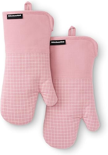 KITCHENAID Gourmet Series Gridlines - Juego de 2 guantes de horno resistentes al calor hasta 600 F, agarre de silicona suave, puño magnético, rosa