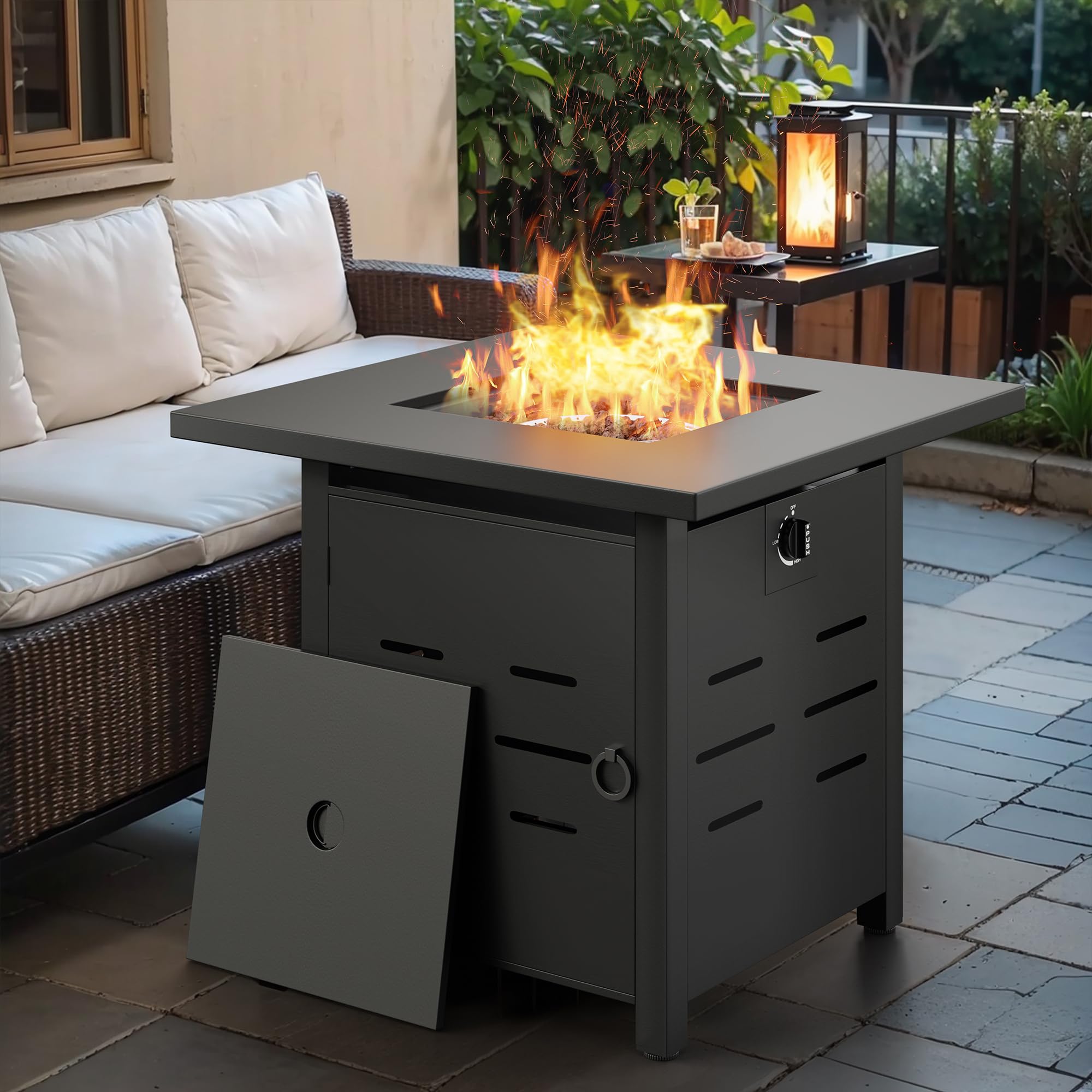 Vongrasig 28” Gas Fire Pit Table, 50,000 BTU Outdoor Propane Fire Table, Steel Square Fire Table with Lid and Lava Rock, CSA Certified for Outside Patio Deck Garden
