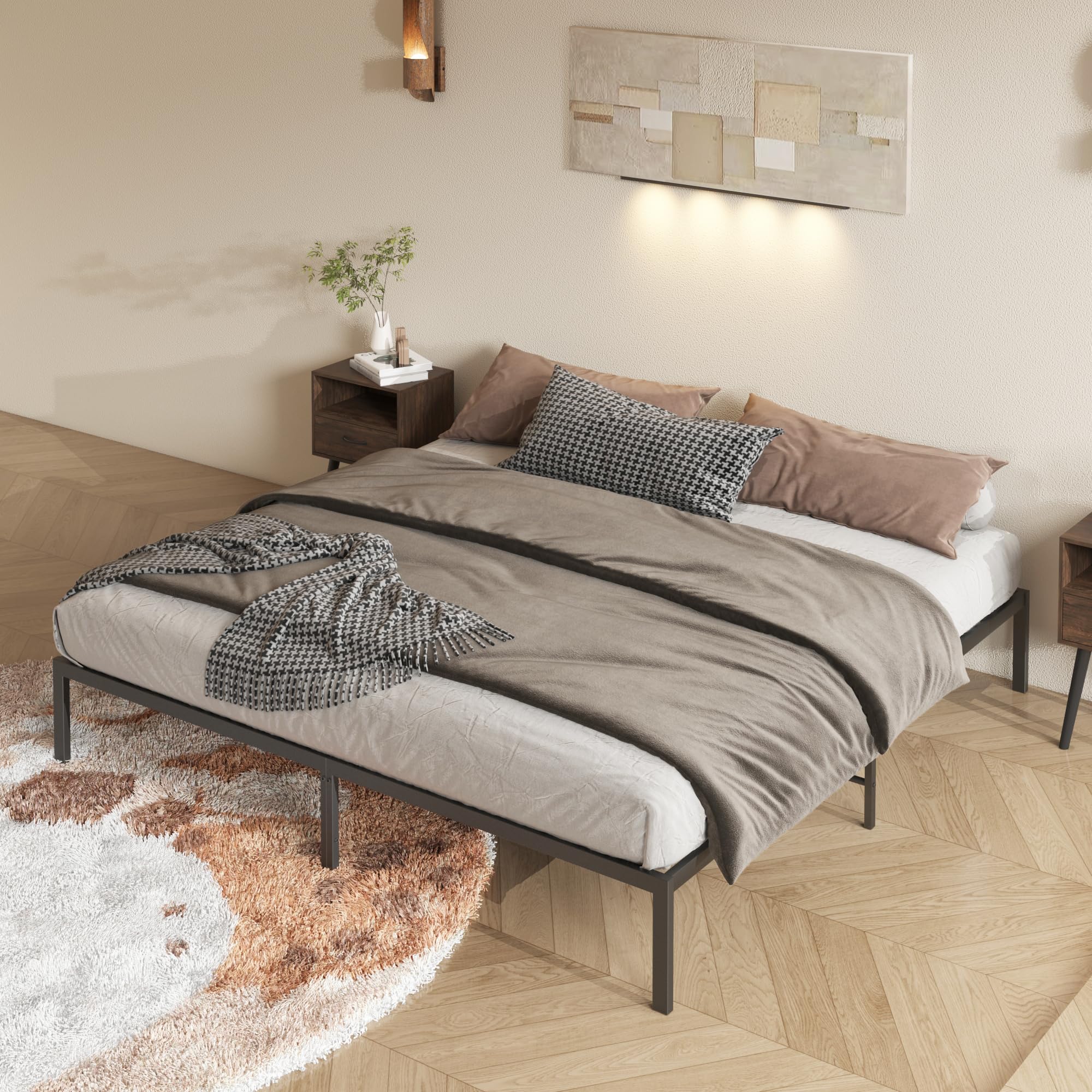 King Size Metal Platform Bed Frame Without Headboard Heavy Duty Sturdy Mattress Foundation Lager Under Bed Storage No