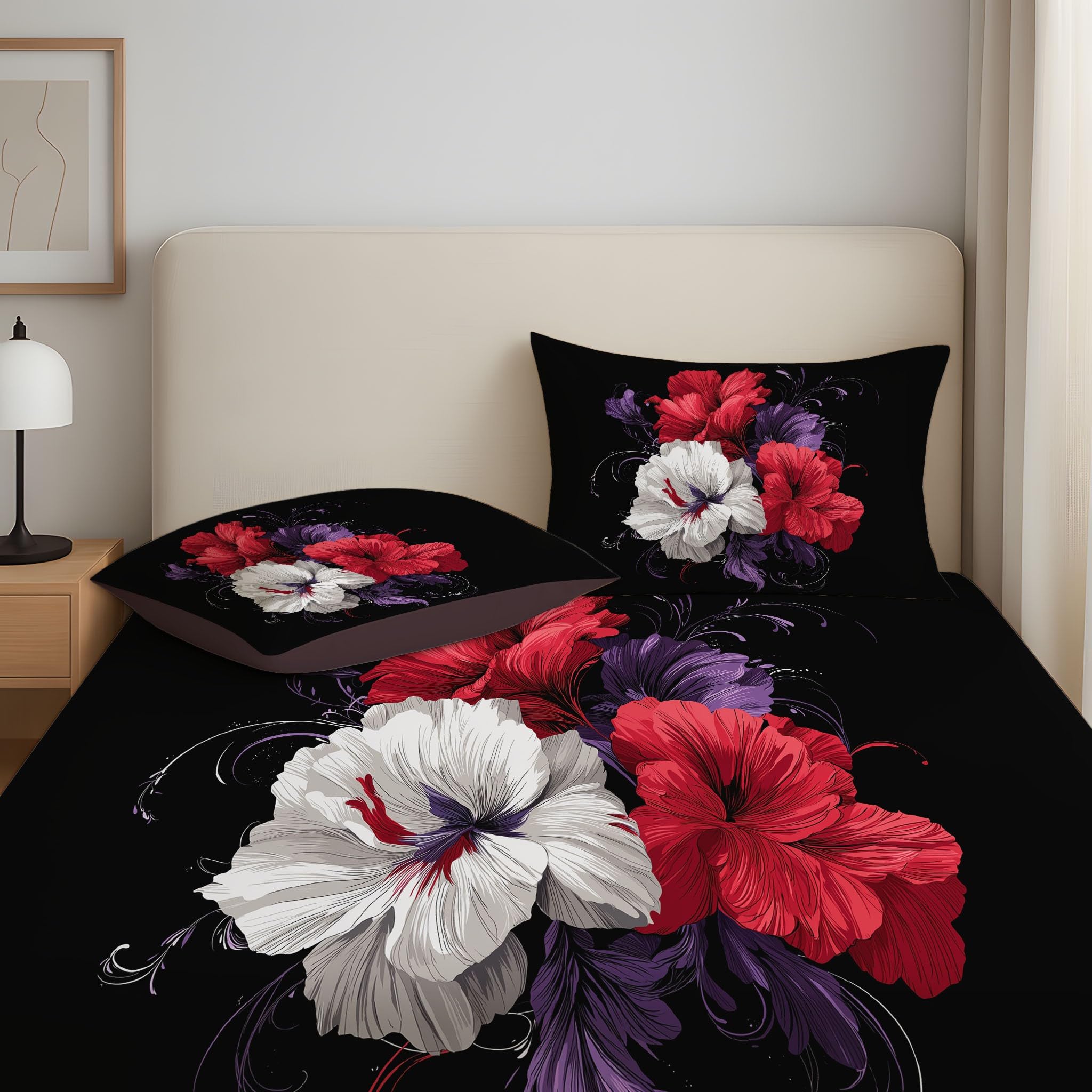 King Fitted Sheets - Bed Sheets Breathable and Luxury Microfibre Bedding Sets 160 x 200 cm, Flowers Floral Petals, Vintage Aesthetic Artistic, Master Bedroom Feminine Bedroom