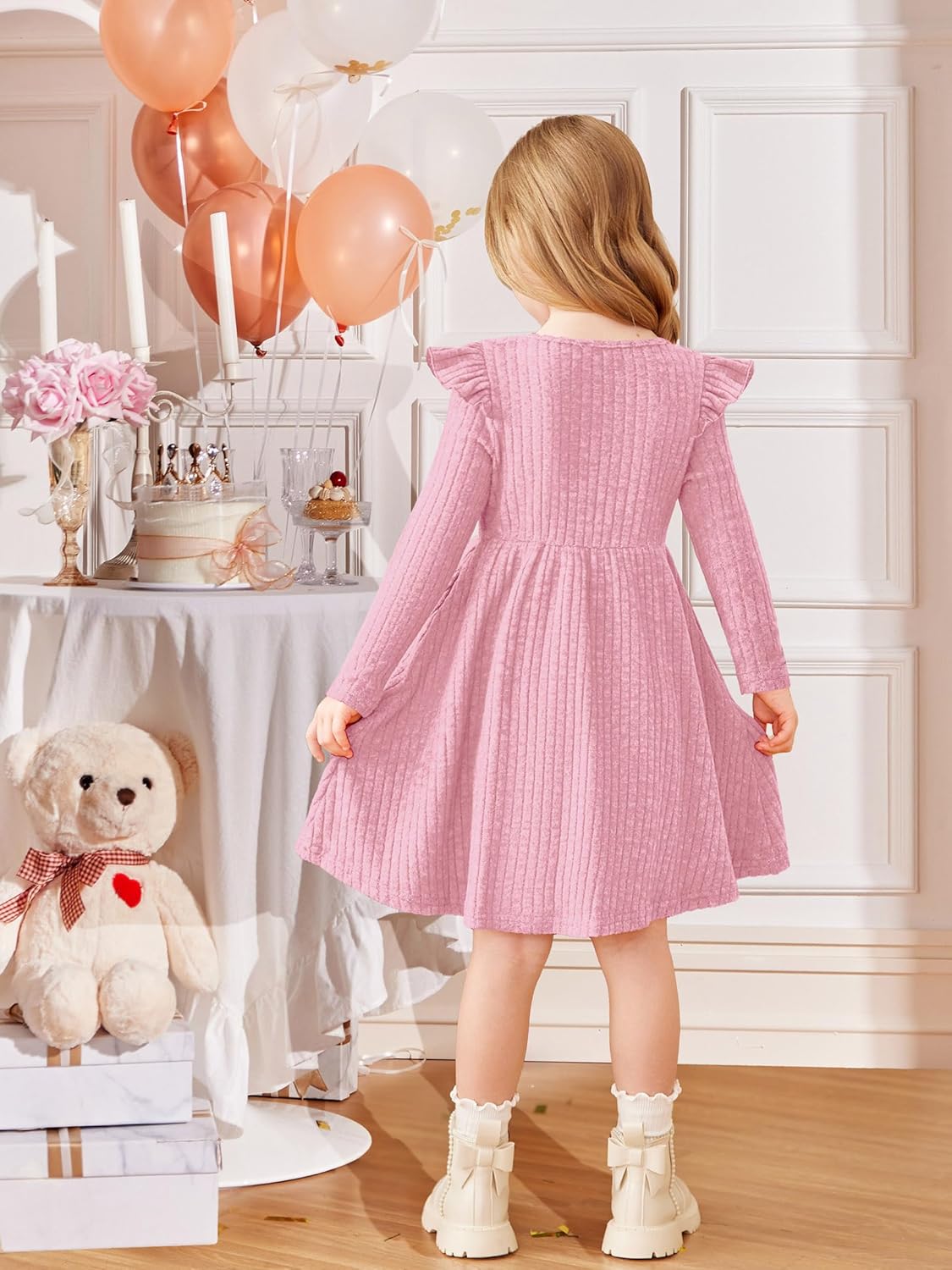 Arshiner Toddler Girl Dress Baby Girls Knitted Ruffle Sleeve Pocket Dresses A-Line Flared Fall Winter Clothes for 2-8 Years - Image 6