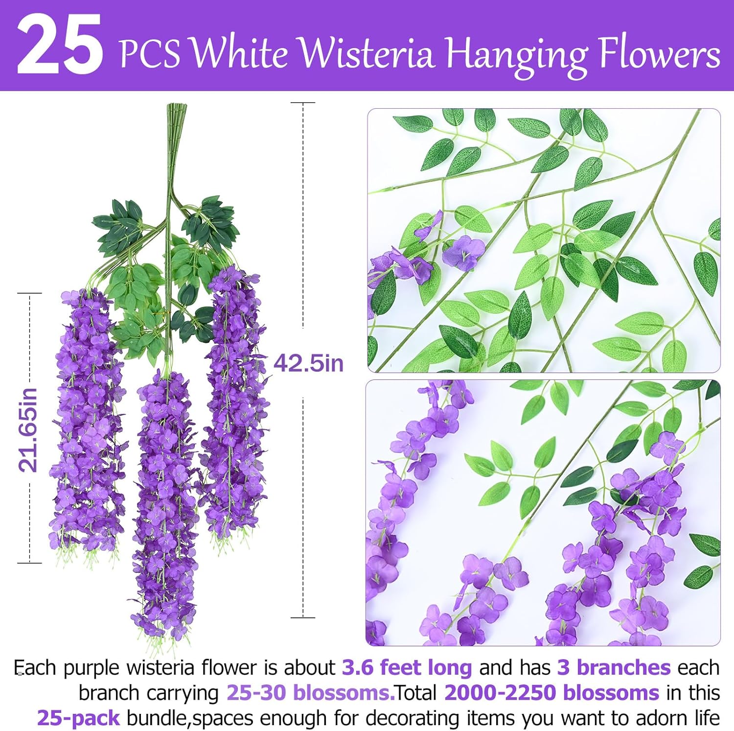 25Pcs Wisteria Hanging Flowers,3.6 Feet/Piece Purple Hanging Flowers Fake Wisteria Flowers Silk Artificial Garland for Decoration Wedding Party Arch Ceremony Garden Home Backdrop Decor
