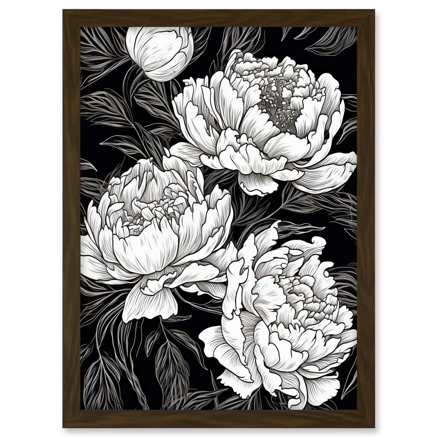 Artery8 Peony Flower Blooms White on Black Illustration Artwork Framed A3 Wall Art Print