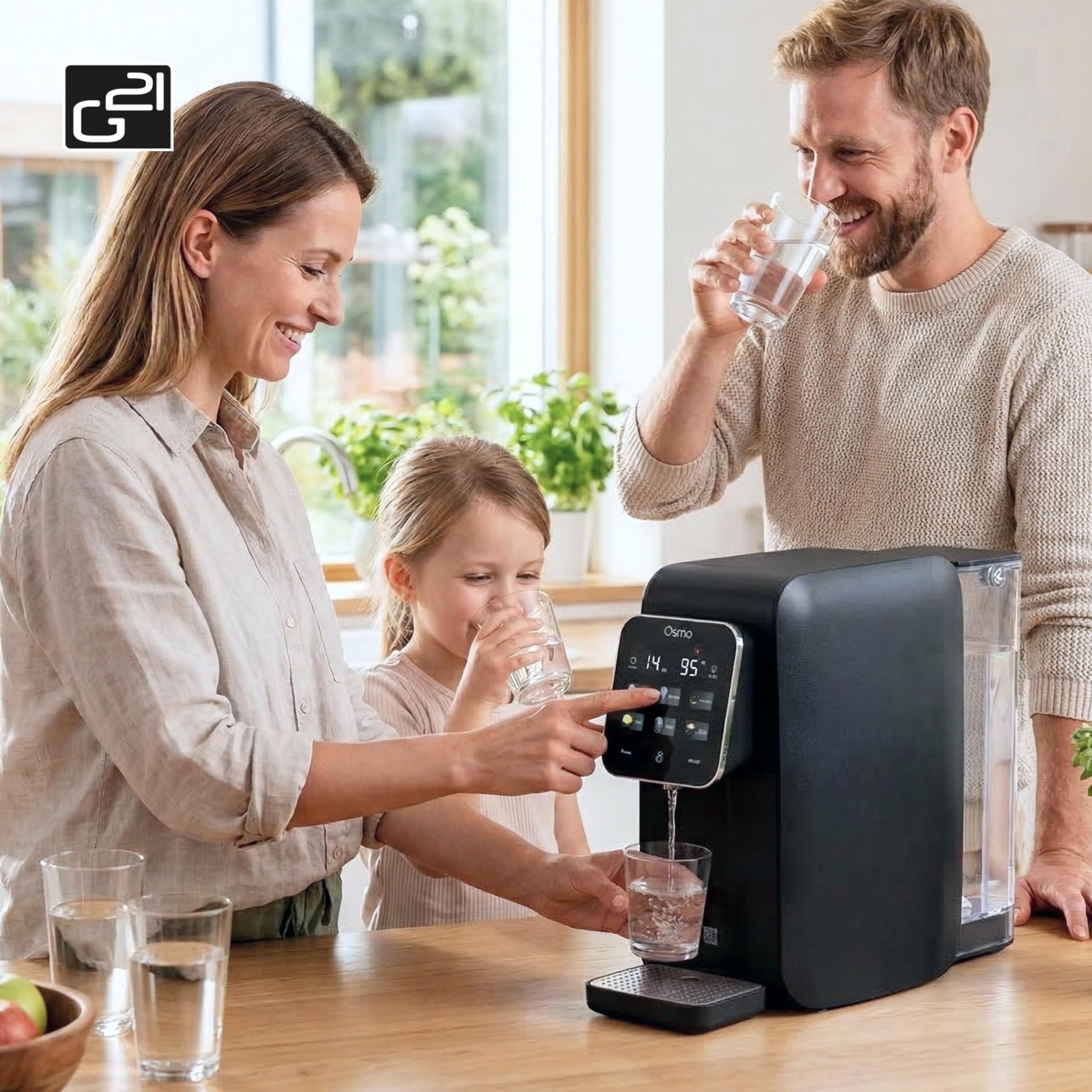 G21 Osmo Umkehrosmoseanlage Trinkwasser 3L 1:1 Rein- zu Abwasserverhältnis Heißwasserfunktion 6 Temperaturstufen 25-95°C Wasserqualitätsanzeige Kindersicherung Schwarz