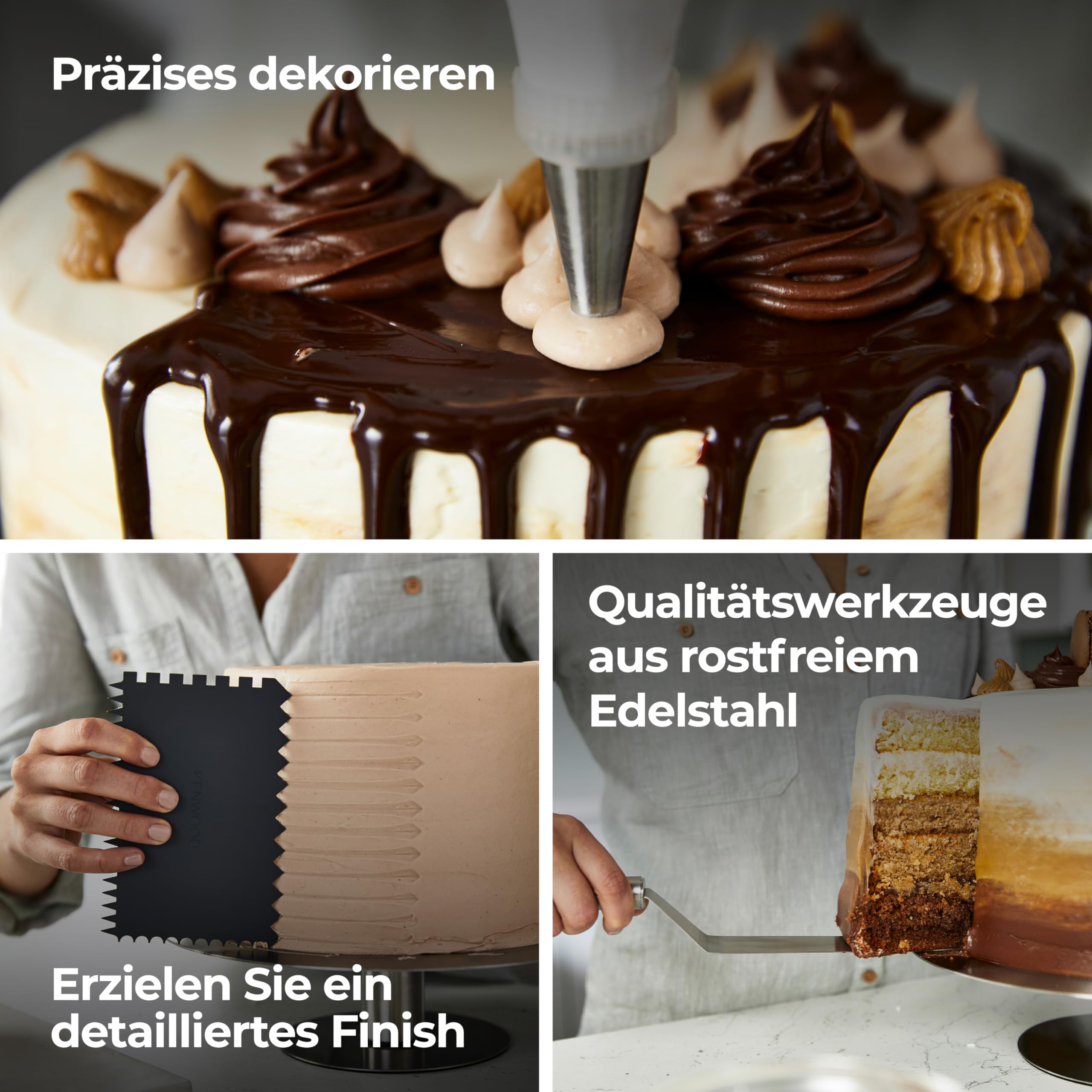 Kenwood Tortendekorationsset KWSD100, Deko-Set für Kuchen und Torten inkl. Tortenplatte, Spritzbeutel, 3 Teigschaber, Winkel- und Streichpalette und Tortensäge, Edelstahl