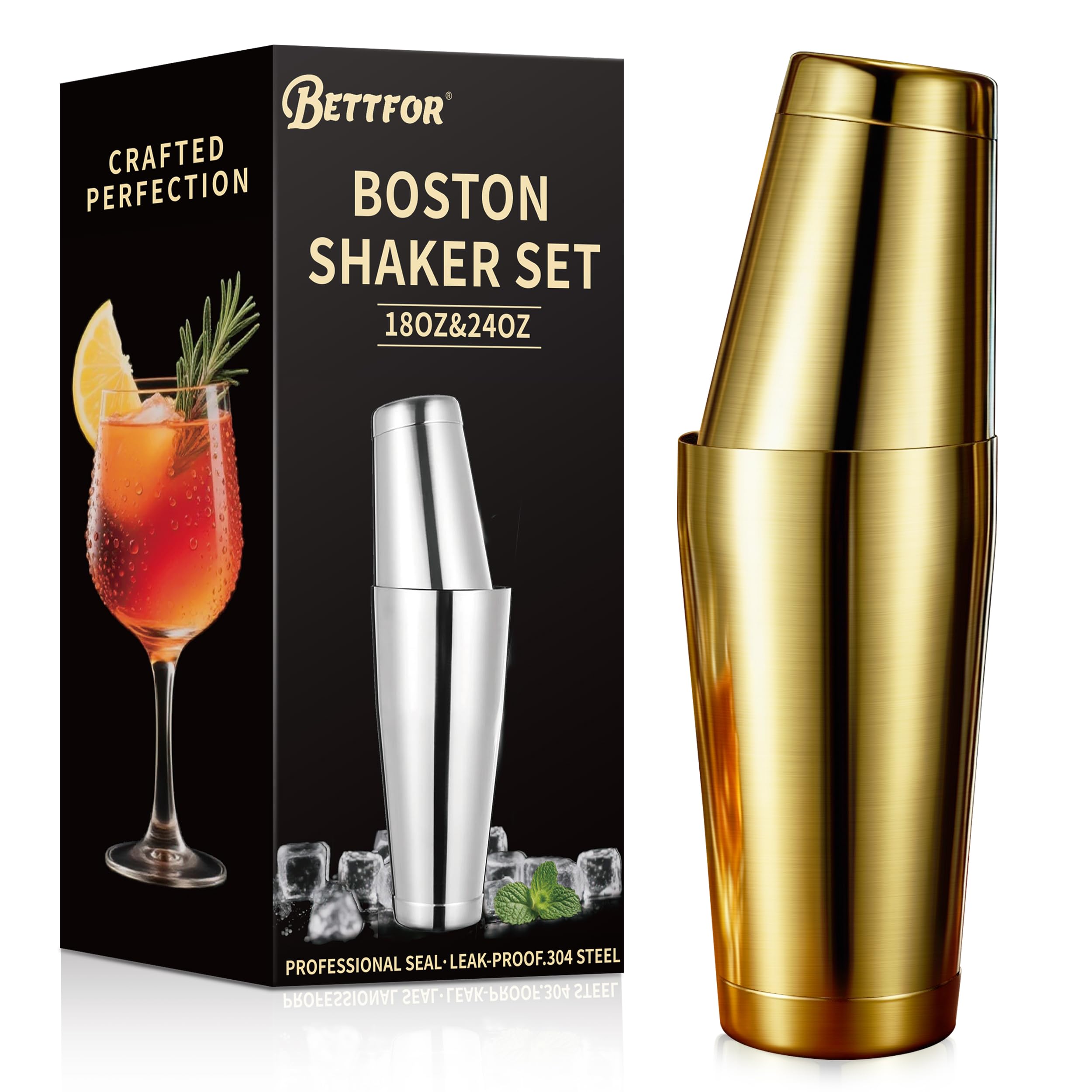Boston Shaker Set, 18oz &amp; 28oz 2-Piece Tins, Professional 304 Stainless Steel Cocktail Shaker with Leak-Proof Weighted Base for Bartending, Home &amp; Bar Use (Gold)