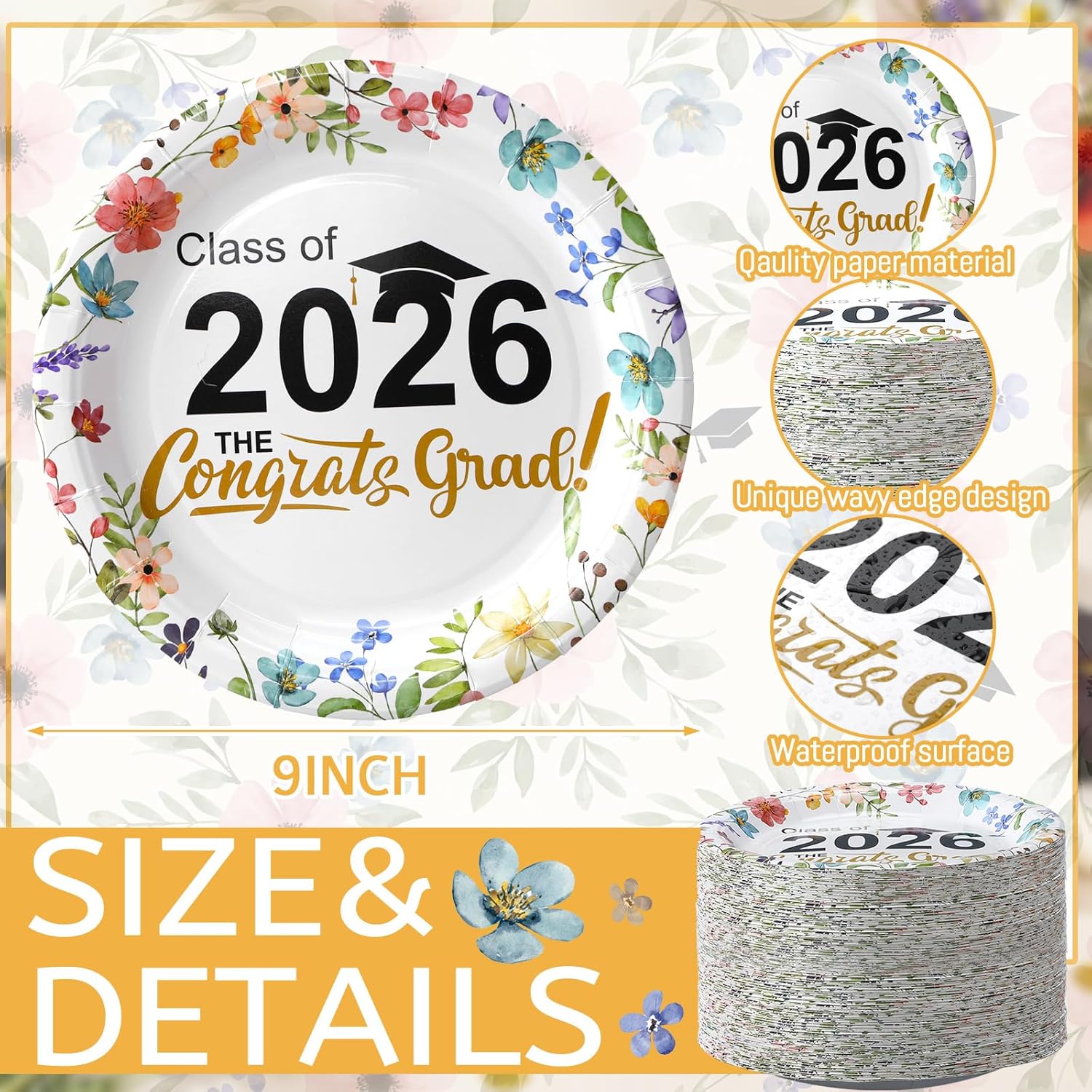 Havawish 100 Pcs Wildflower Class of 2026 Graduation Party Plates Decorations Wildflower Paper Plates Disposable Graduation Party Tableware Set for 2026 High School College Congrats Grad Decorations