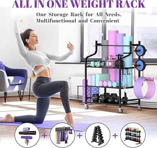 Miniatura 2 de Mythinglogic Estante de almacenamiento para esterilla de yoga, estante de almacenamiento de gimnasio en casa para mancuernas, rodillo de espuma,