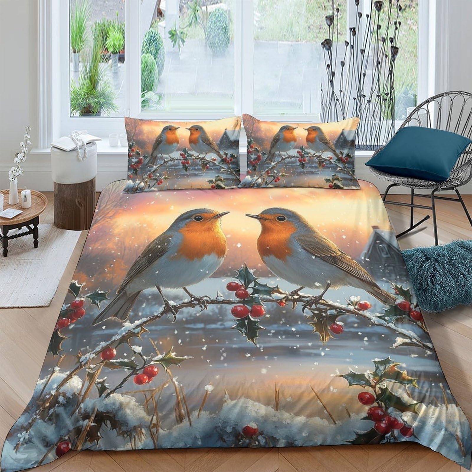 Ctjqhvkz Style-2 3D Printed Robin Bird Fitted Sheet Microfiber Soft Breathable Winter Berry Mattress Cover For Bedroom Dorm Decor Single（135X200cm）