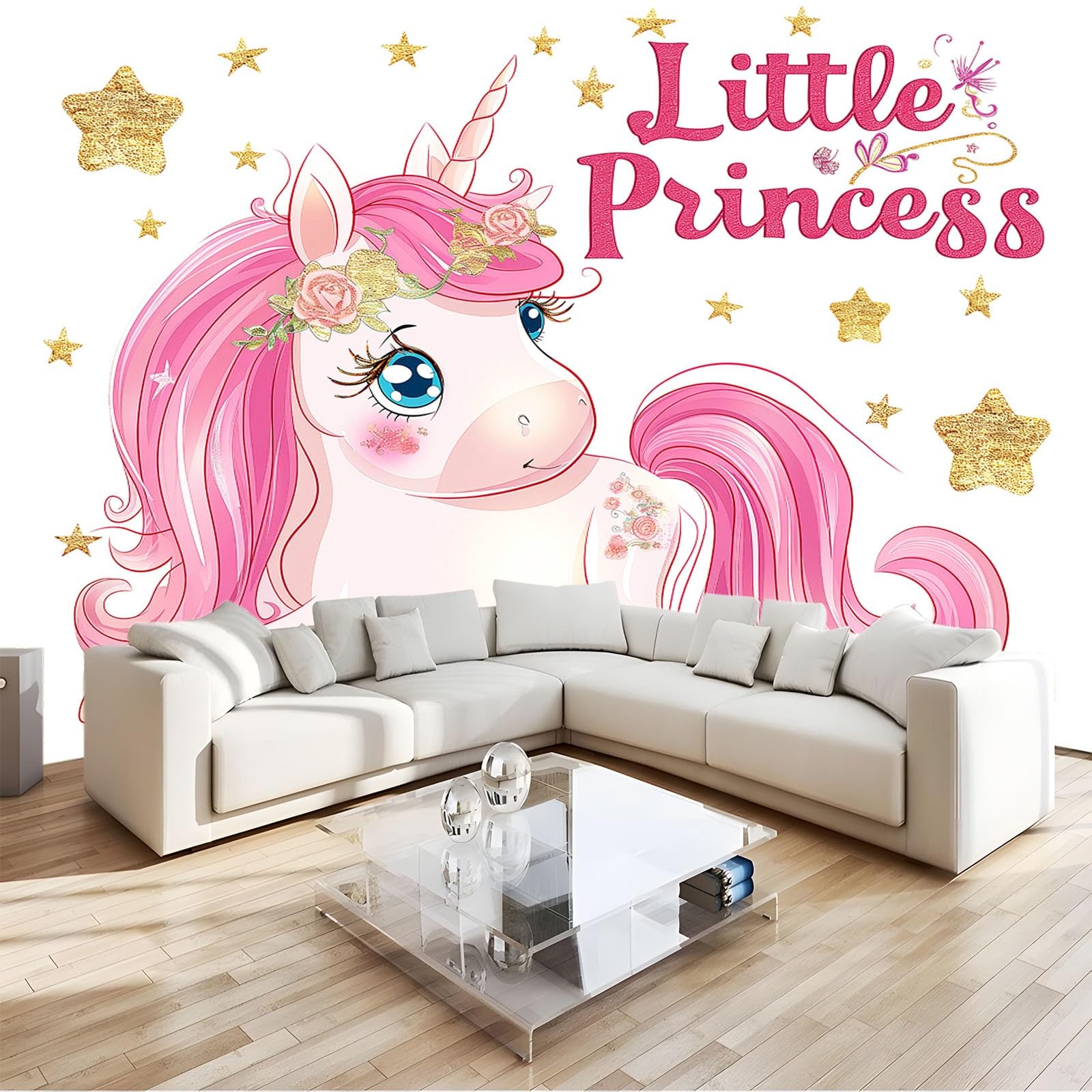 Papier peint panoramique licorne rose intissé 3D pour chambre d'enfant 200x140 cm