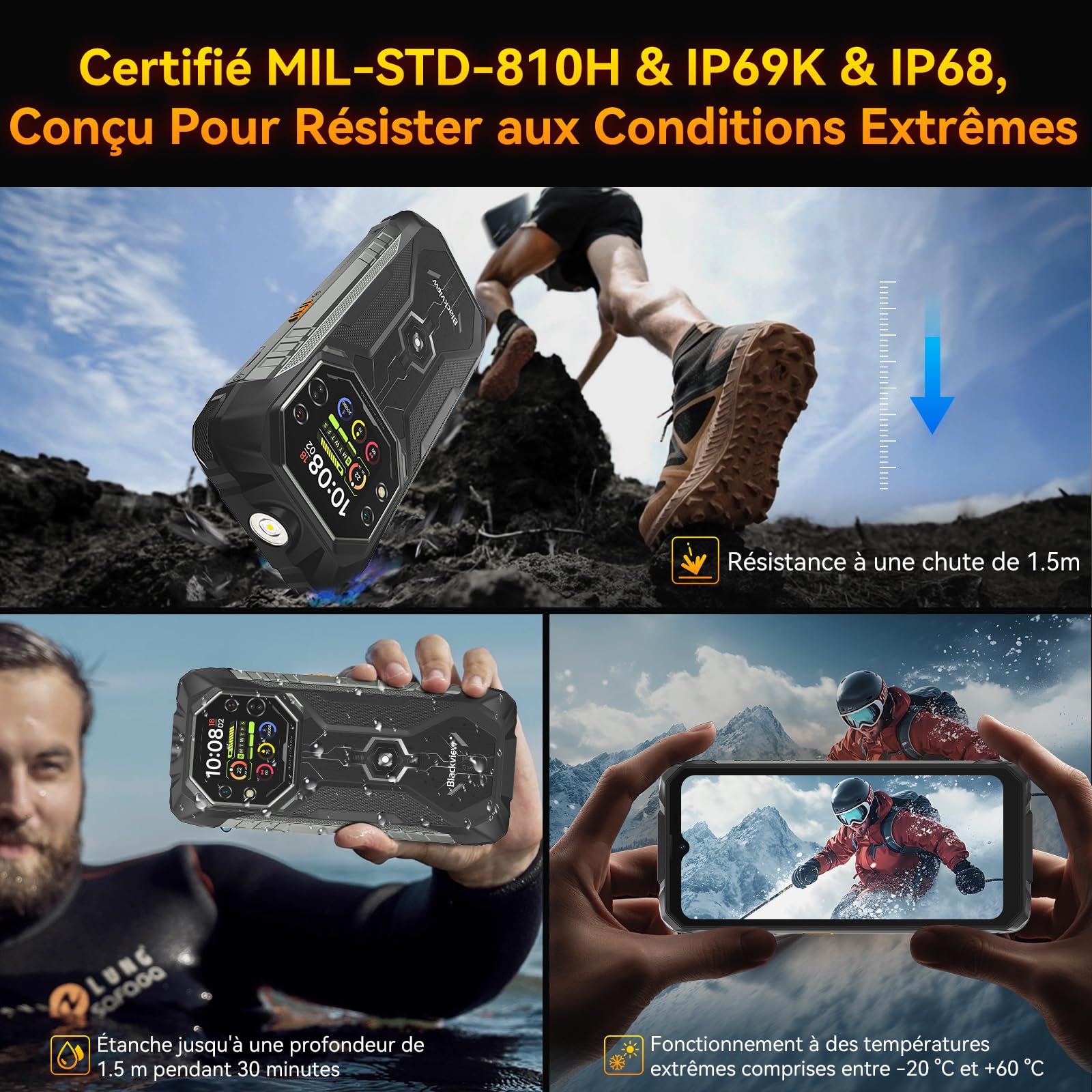 Blackview ROCK 1 Téléphone Portable Incassable Android 16, 24GB+256GB Téléphone Incassable, 20MP Vision Nocturne, 15000mAh, Gemini AI, 6.56" HD+ 2.01" Écran, Étanche IP69K, NFC/GPS/OTG/2 Ans Garantie