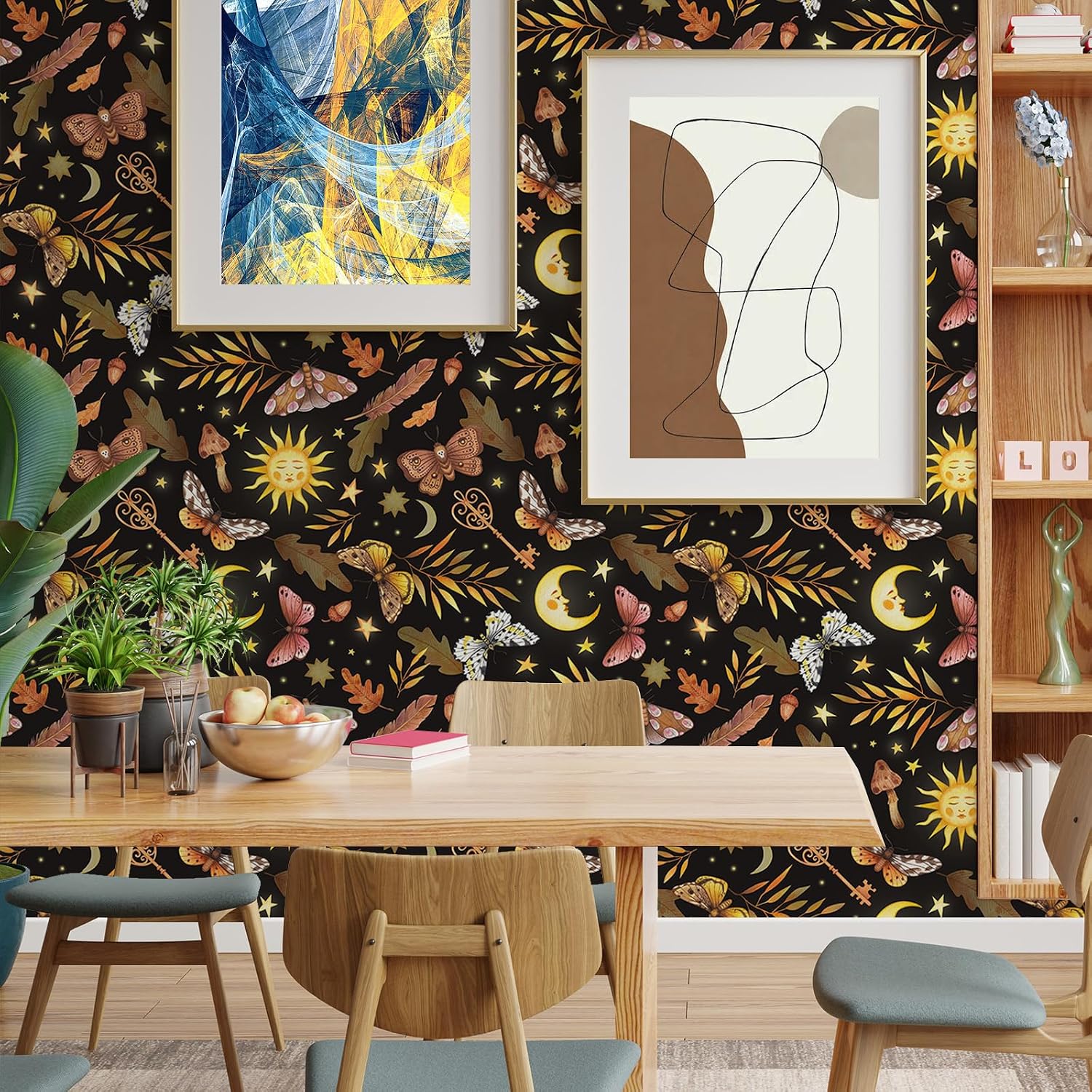 Sun and Butterflies Peel and Stick Wallpaper golden stars leaves Self Adhesive Removable Floral Wallpaper for Bedroom Renter Friendly Contact Paper for Bedroom Bathroom Shelf Liner 17.71"x236.2