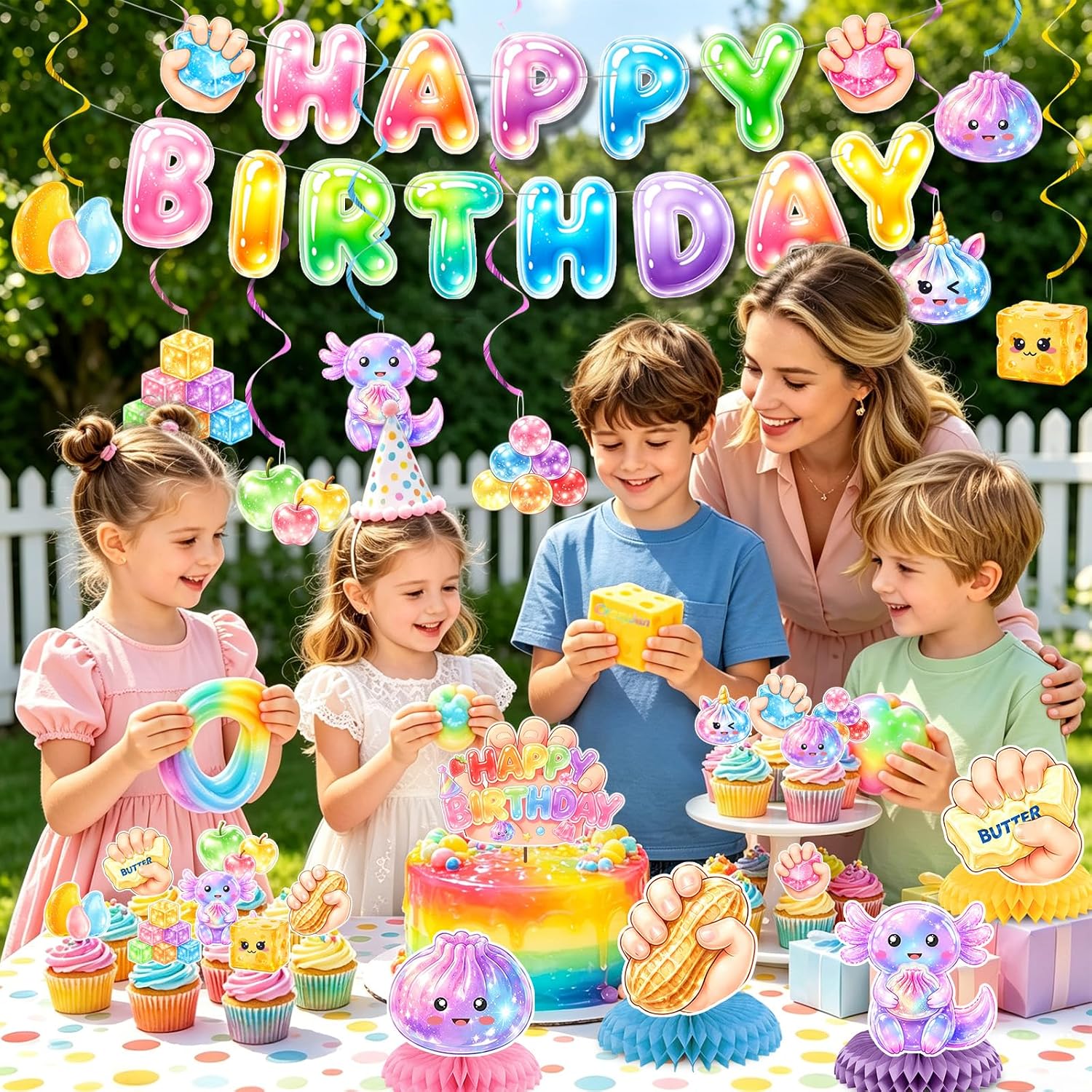 Squishy Birthday Party Decorations Kawaii Dumpling Dimsum Bun Theme Rainbow Bubble Happy Birthday Banner Hanging Swirls Cake Toppers Honeycomb Centerpieces Squishy Food Party Supplies