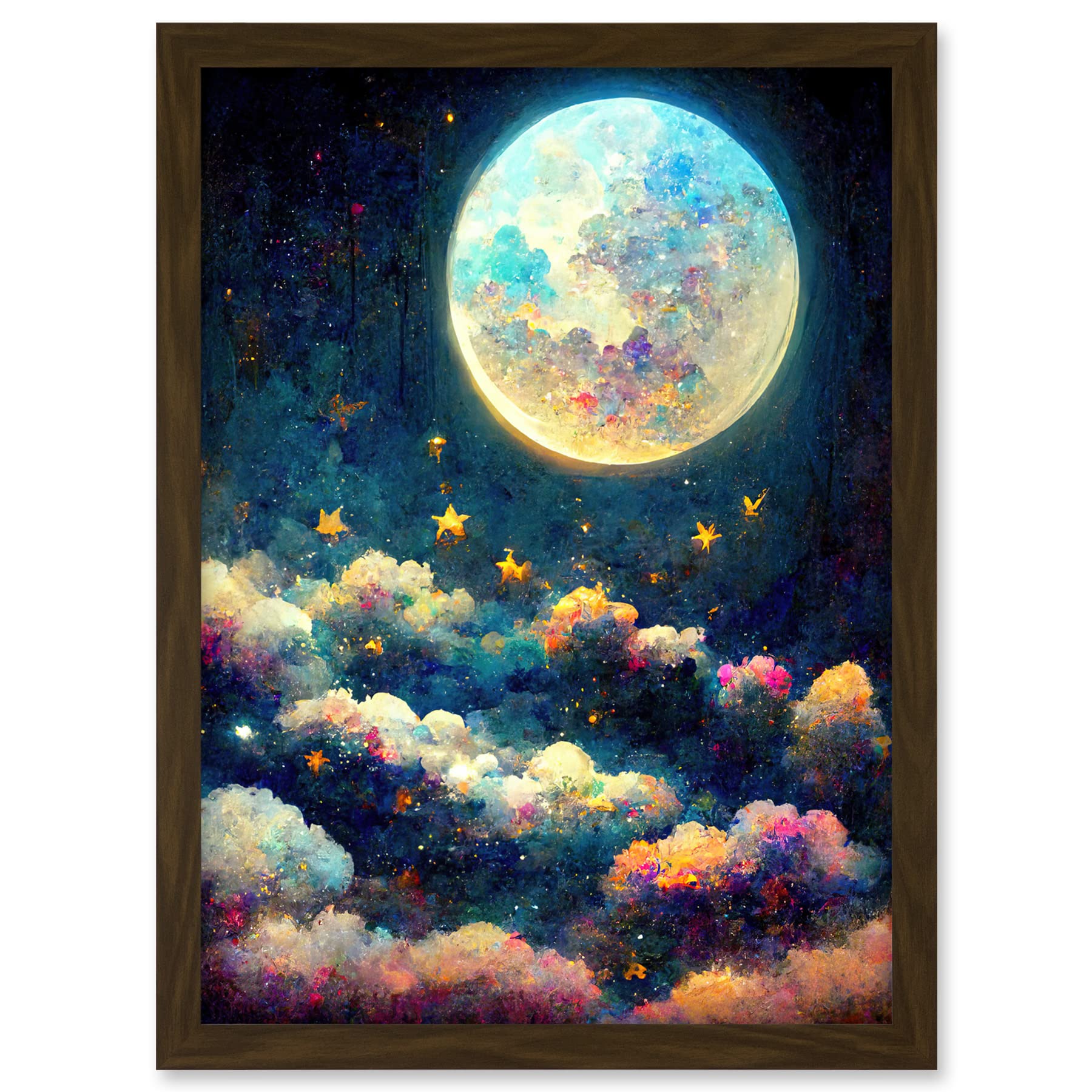 Doppelganger33 LTD Dreamy Night Sky Moon Stars Colourful Clouds Kids Cute Artwork Framed A3 Wall Art Print