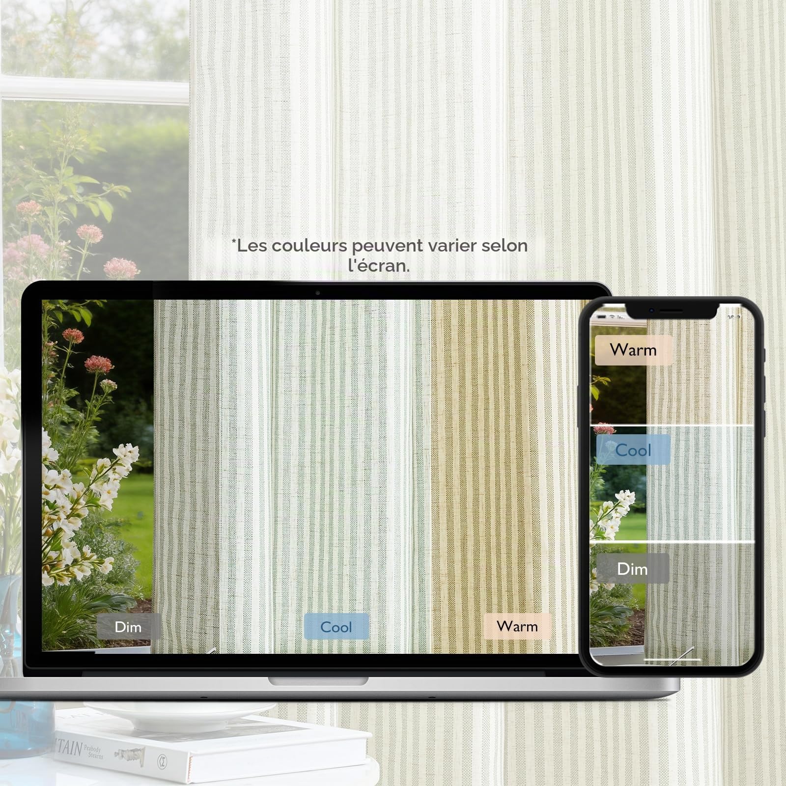 Vangao Lot de 2 Rideaux de fenêtre en Lin à Rayures coutil filtrant la lumière – Rideaux de fenêtre à Rayures Vertes Fines imprimées sur Beige – 160 cm de Long – pour Salon, Chambre à Coucher