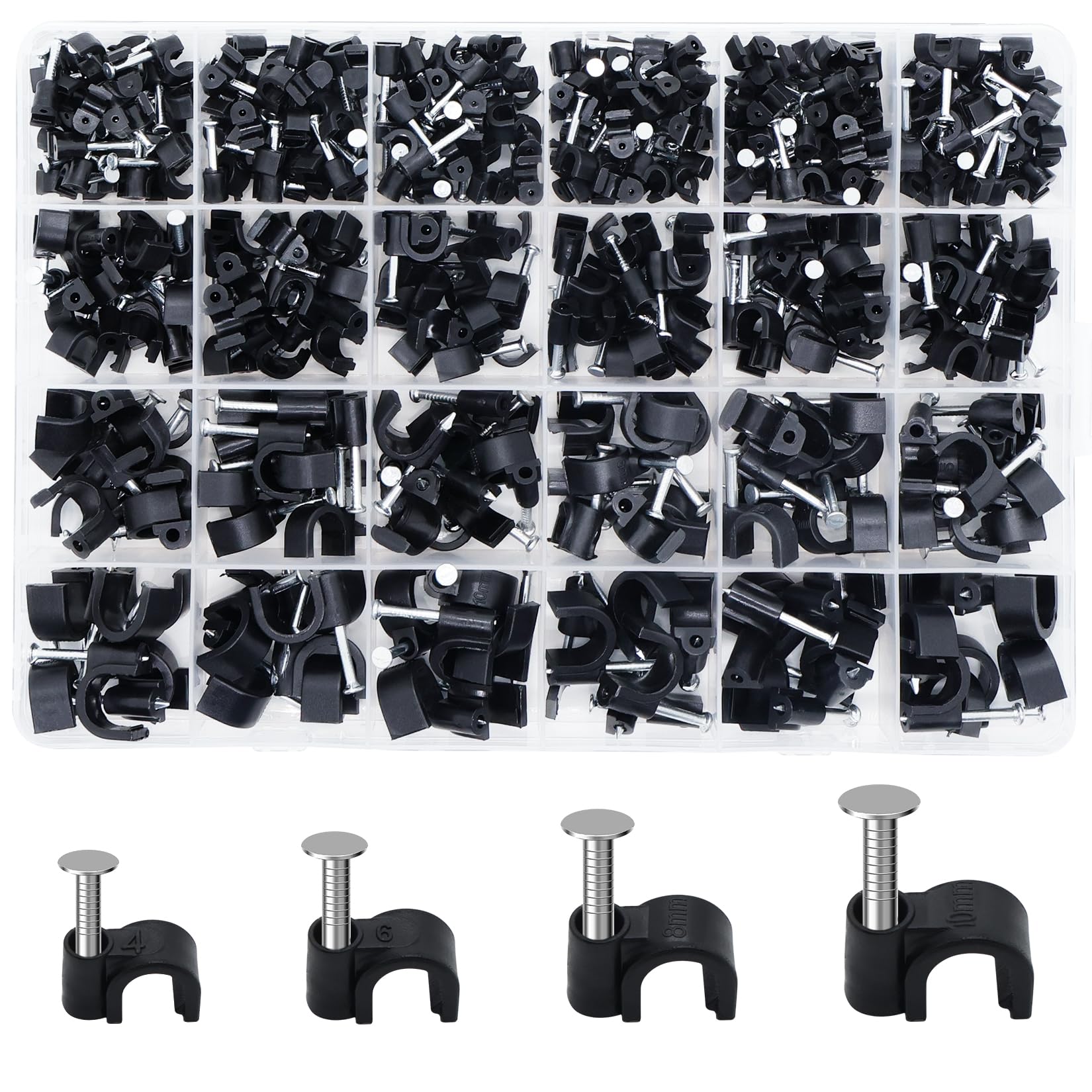 360 Pcs Black Cable Clips, Wire Clips for Cables, Cable Nail Clipss, cCable Tacks Wire Tidy Clipss, for Ethernet, Electrical Cables, Telephone Line, TV USB Wires(M4, M6, M8, M10, Black)