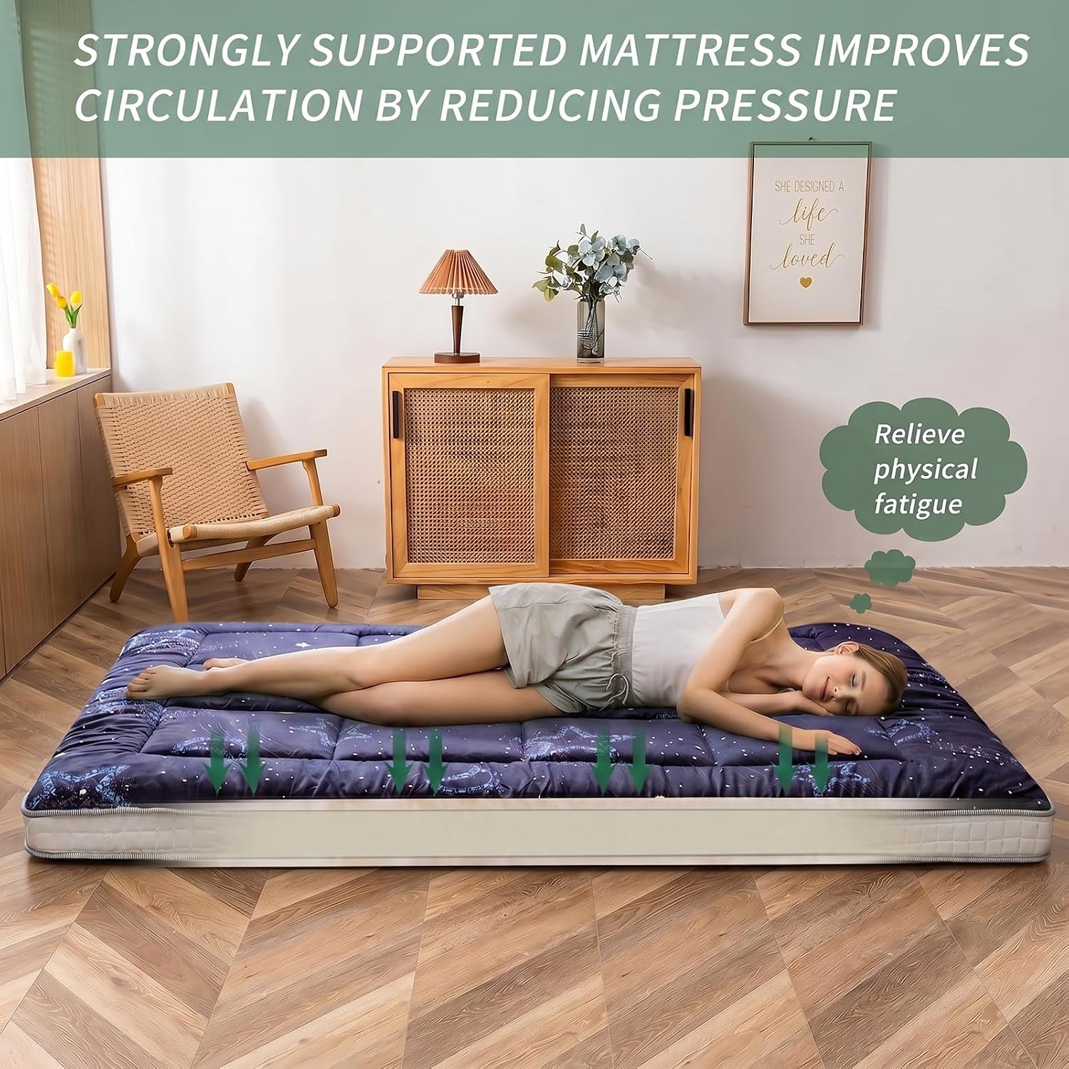 MAXYOYO Black Moon and Star Futon Mattress, Padded Japanese Floor Mattress Quilted Mattress Topper, Extra Thick Folding Sleeping Pad Breathable Floor Lounger Guest Couch for Camping, Queen