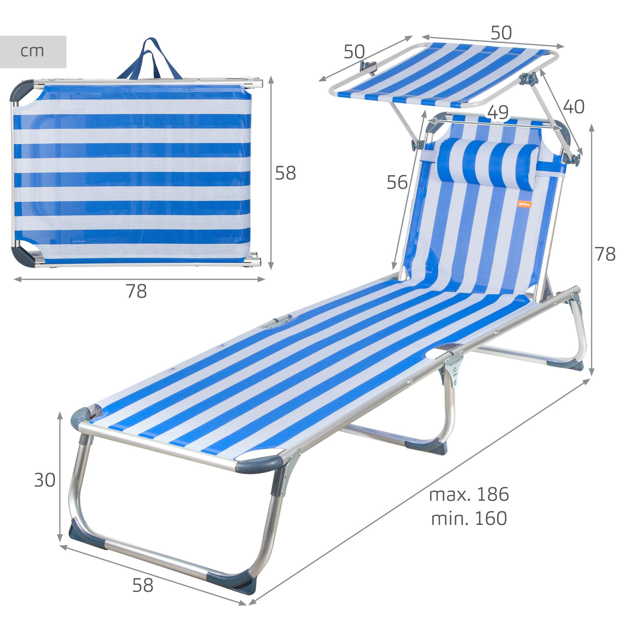 AKTIVE Hamac de Plage Pliable, Rayures Bleues, 186 x 49 x 30 cm, 5 Positions, butées Anti-basculement, Pare-Soleil, Coussin, supporte 110 kg, Structure en Aluminium, transat de terrasse