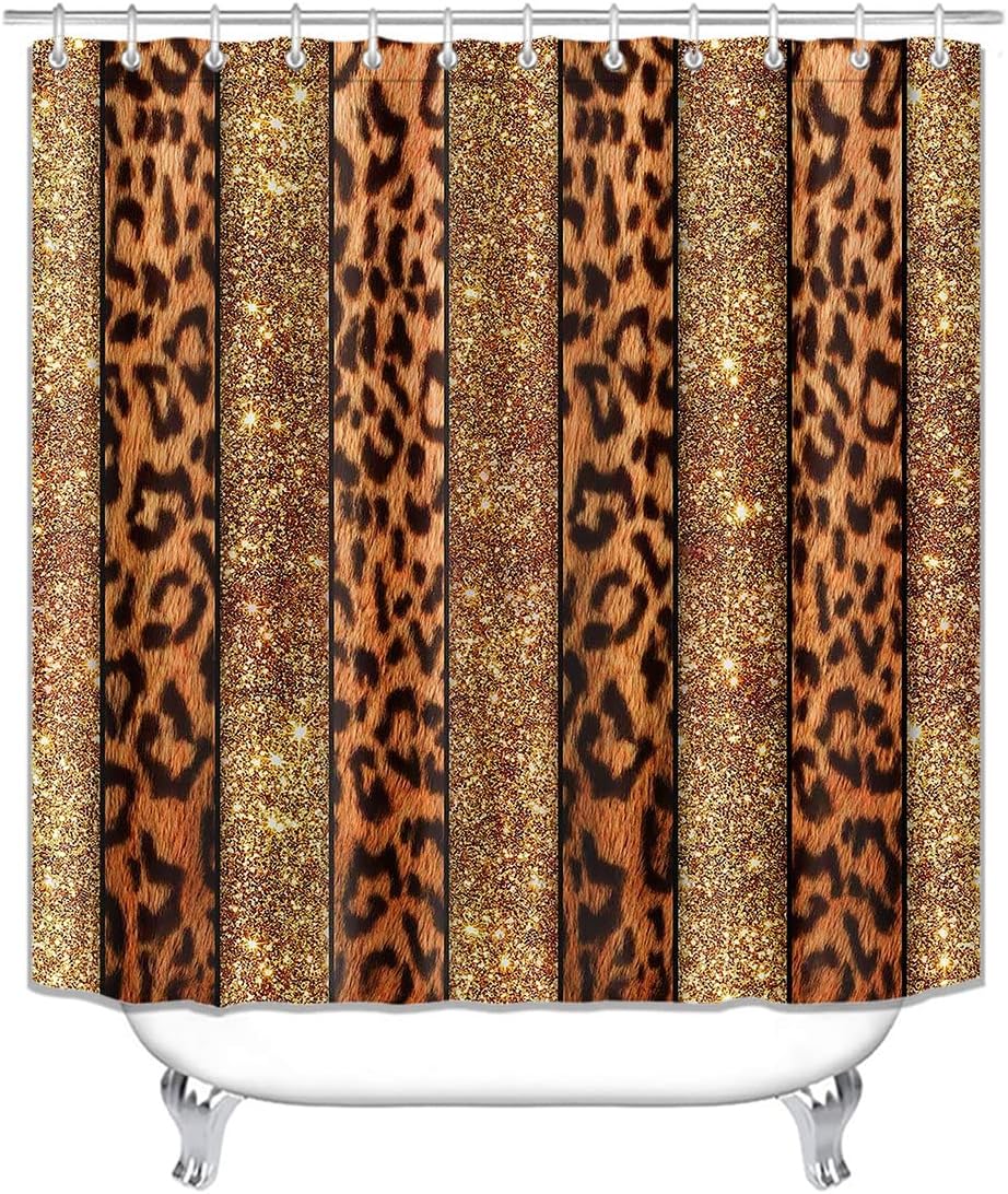4PCS Leopard Print Shower Curtain Set, African Safari Animal Skin Panthera Fur Brown Cheetah Print Stripes Shining Bling Modern Glam Bathroom Decor, Non-Slip Bath Mat Toilet Rug, Gold Glitter