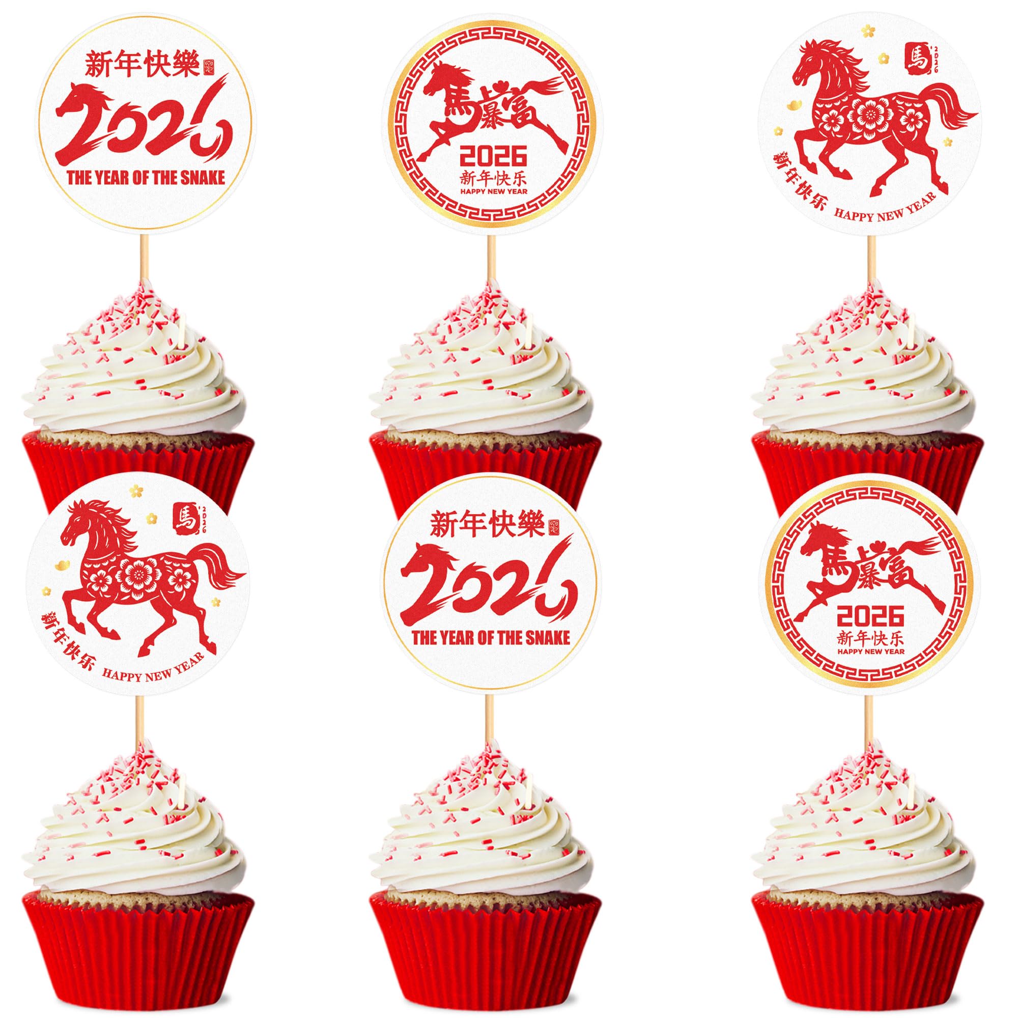 Blumomon 24Pcs Happy New Year Cupcake Toppers 2026 Horse Year Cupcake Toppers Picks 2026 Celebration Party Decorations New Years Eve Holiday Decor Glitter Party Accessories