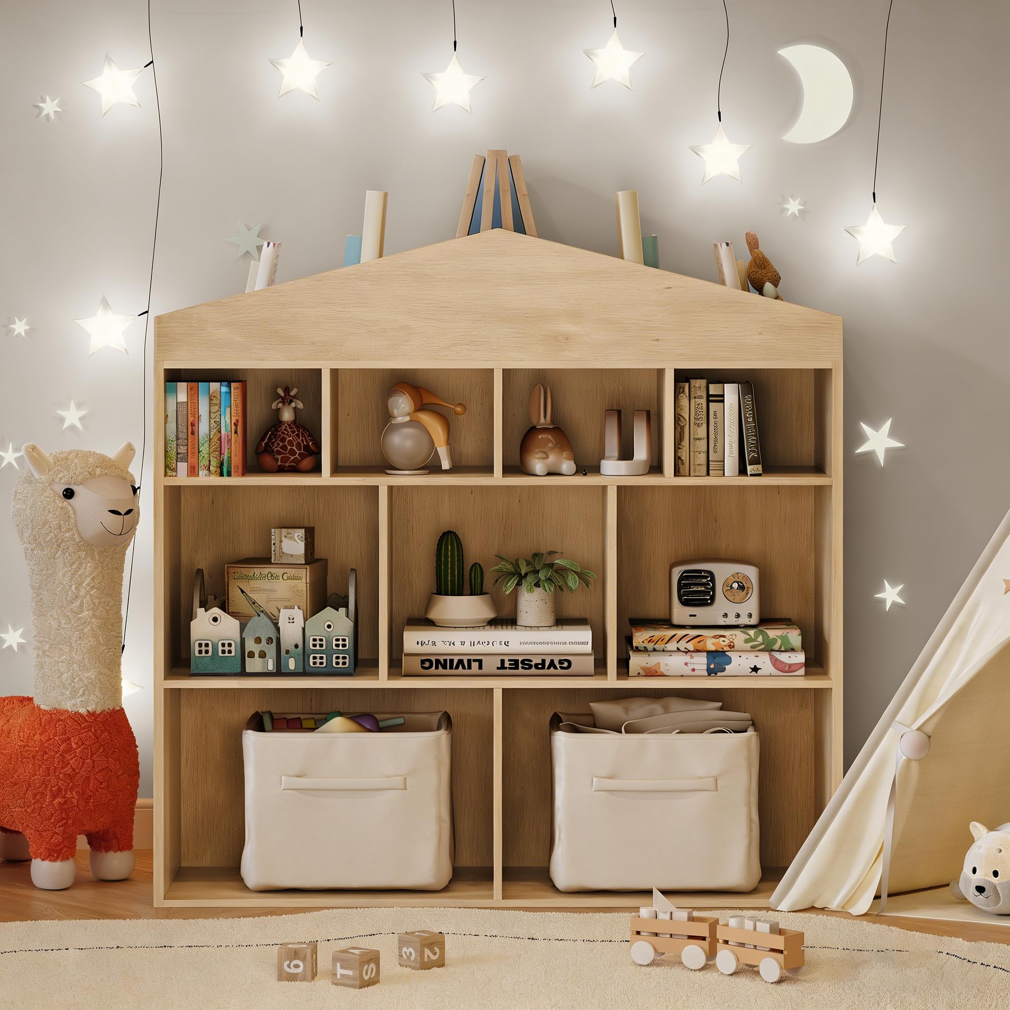 Garvee Kinder Bücherregal Hausform Regal Kinderregal Aufbewahrungsregal für Kinder Kinderzimmerregal mit 4 Ebenen Spielzeug Organizer Kindermöbel für Kindergarten Spielzimmer Holzfarbe 103.5x100x30 cm