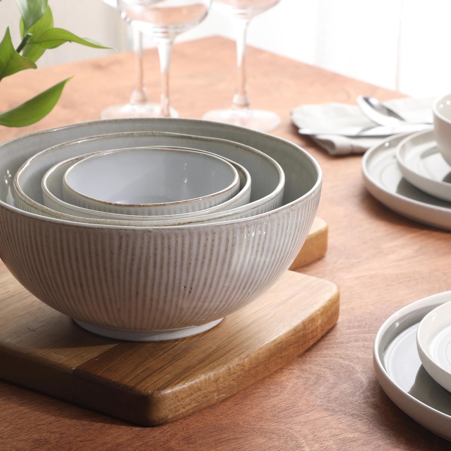 Gibson Elite Sandy Pines 4 Piece Nesting Bowl Set, 4”, 5.5”, 7” & 9” Round Stoneware Bowls, Reactive Glaze Finish, Taupe, Mixing, Prep & Serving Bowls, Microwave & Dishwasher Safe