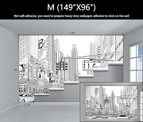 Miniatura 4 de Papel tapiz blanco y negro de la ciudad de Nueva York pintado a mano, mural de pared cuadrado Times para decoración de sala de estar, dormitorio,