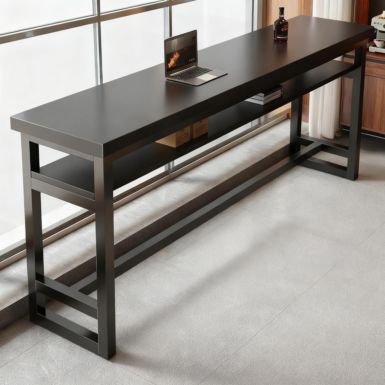 2-Tier Narrow Bar Table with Solid Wood Top, Farmhouse Long Bar Table, Industrial Rectangle Counter Height Pub Tables, for Office, Kitchen, Coffee Shop, Small Space -Tables Only