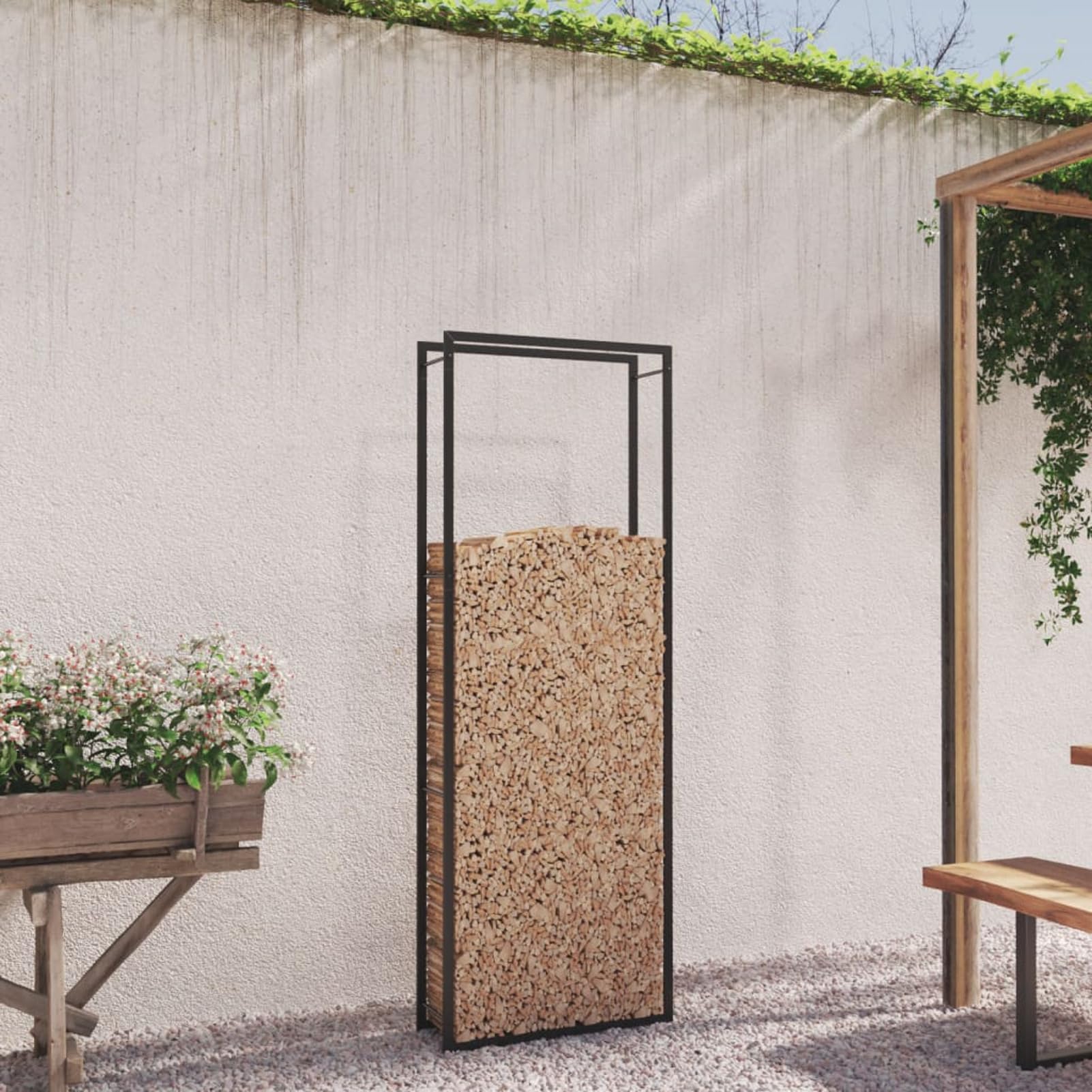 Rantry Holzregal schwarz matt 80 x 28 x 222 cm aus Stahl, Holzregal für den Innenbereich, Holzregal für Kamin, Holz für den Innenbereich, stapelbar, Holzregal aus Holz