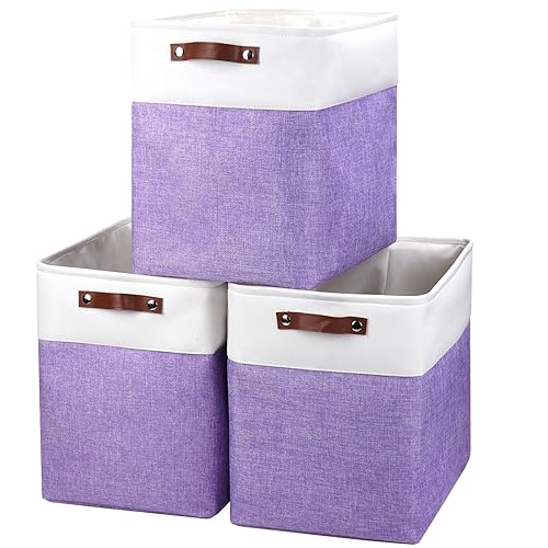 Bagnizer Large Fabric Storage Baskets | 50L Storage Bins, Decorative Linen Closet Baskets with Handles for Organizing, Shelf, Toys, Clothes, Home, Office, Nursery, 17x12x15Inches (Purple&White) - Purple / Off-White - Extra Large -17"x12"x15"
