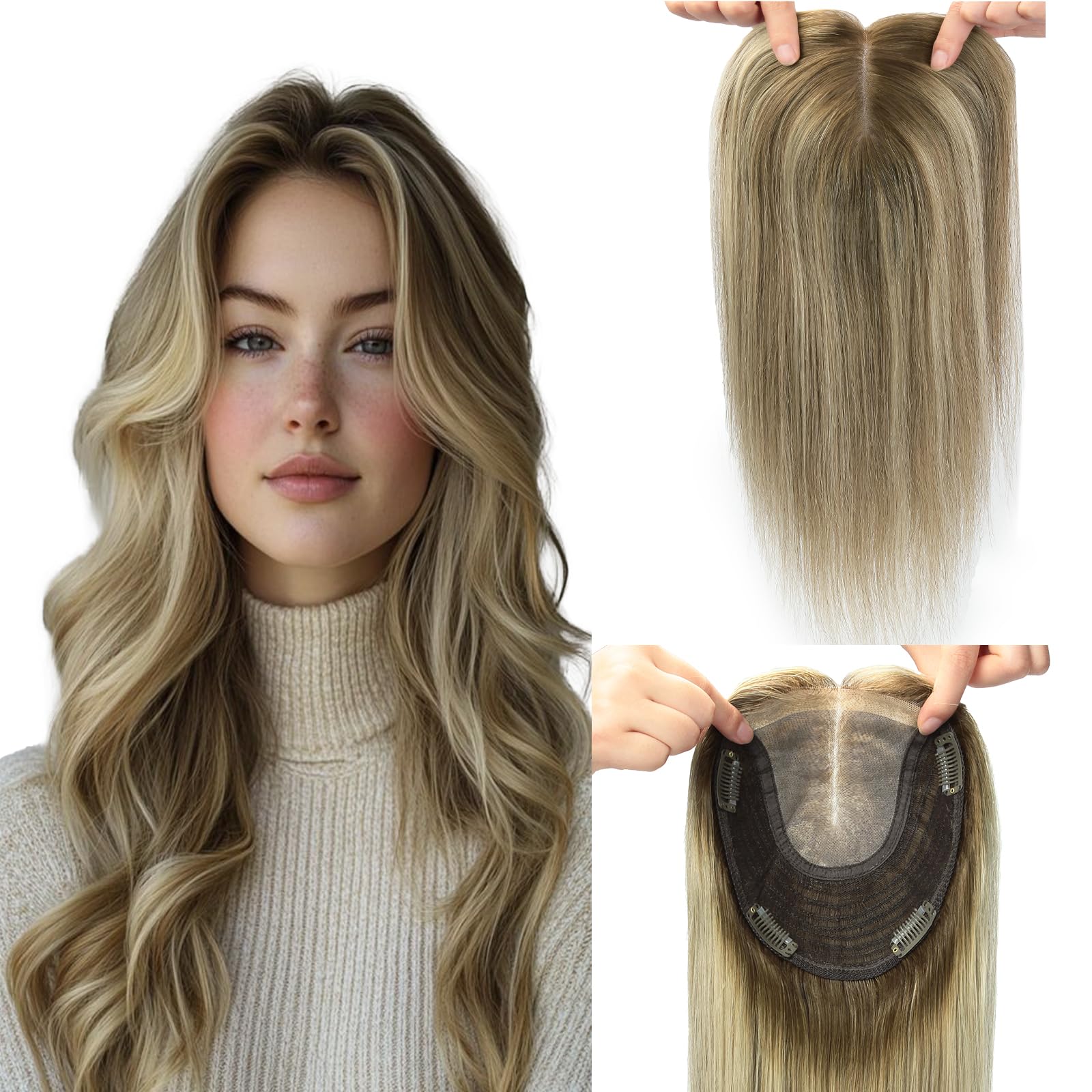Hair Toppers for Women Real Human Hair, 65g 6x7inch Large Base 14inch human hair topper Dark Brown To Ash Brown Medium Blond Cover Gray Roots Add Volume (#3/8/22Toppers-14inch)