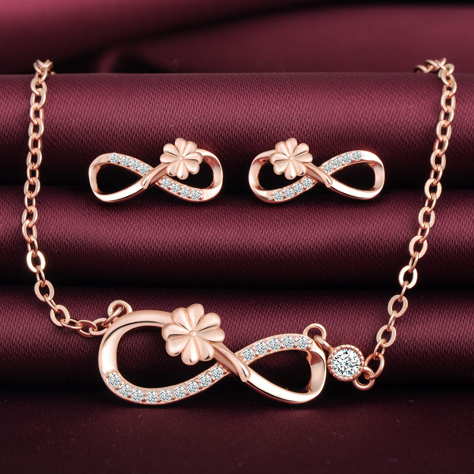 Yumilok Conjunto de collar y pendientes, collar con colgante de trébol de plata 925 y símbolo de infinito y pendientes, joyería para mujeres y niñas, incrustaciones de circonita cúbica