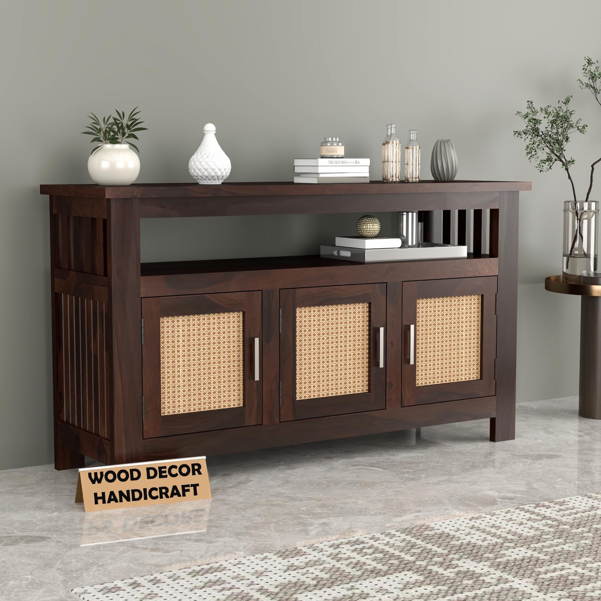 Sheesham Wood Kitchen Cabinet with Cane Woven Doors | Solid Wood Storage Sideboard with Open Shelf & 3 Door Cabinet | Rosewood Storage Cabinet for Living Room (Walnut Finish)