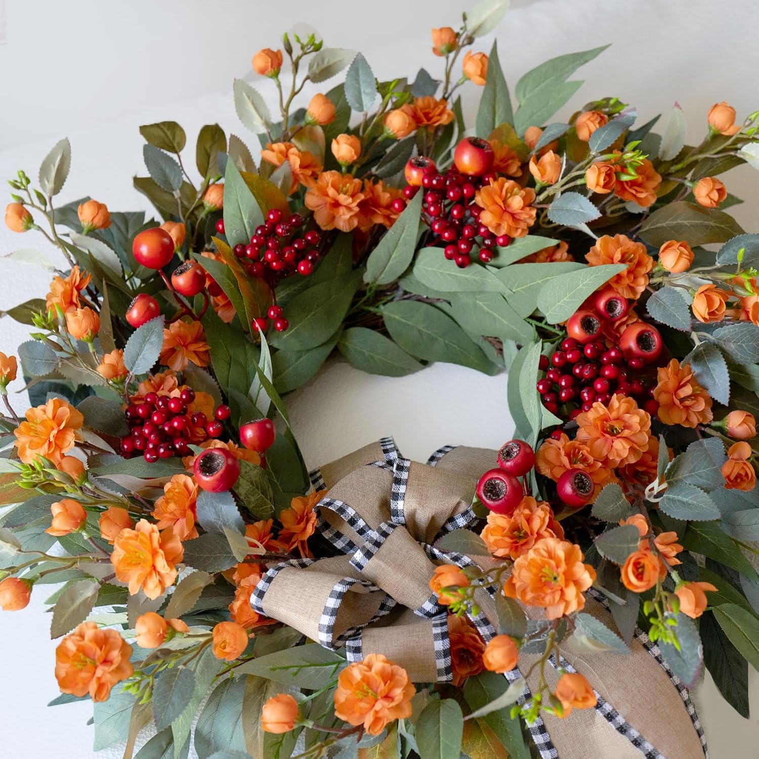 24 Inch Artificial Fall Wreaths for Front Door - Autumn Wreath with Large Red Berries, Fall Leaves, Burlow Bow - Farmhouse Decor for Thanksgiving, Harvest Festival, Indoor Outdoor Wall Porch Holiday