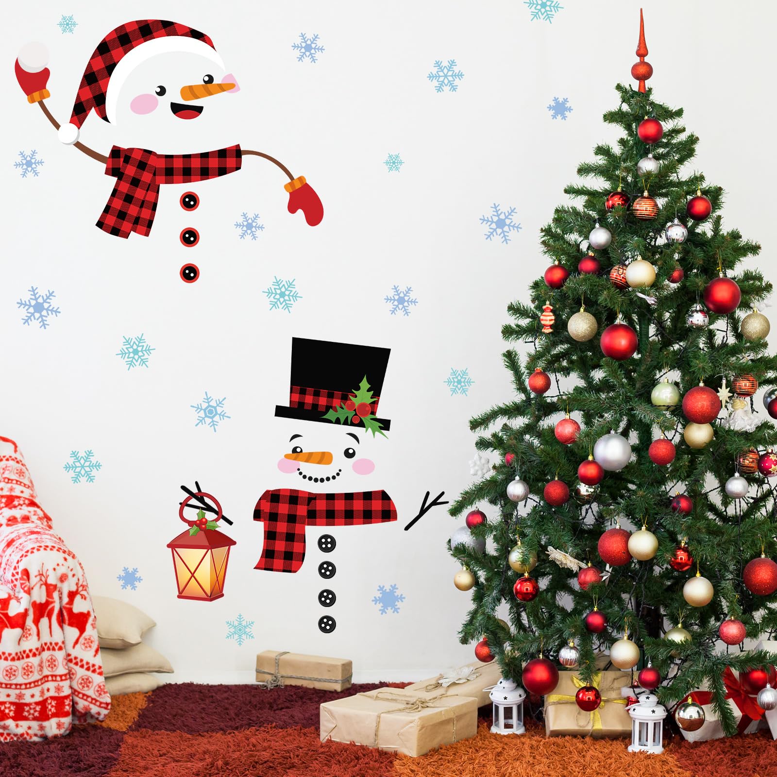 2 Blatt Weihnachten Tür Dekorationen Weihnachten Tür Aufkleber Große Schneemann Hirsch Aufkleber Weihnachtssticker für Kühlschrank Fenster Metall Tür Weihnachtsdeko (Karo im Rot Schwarz)