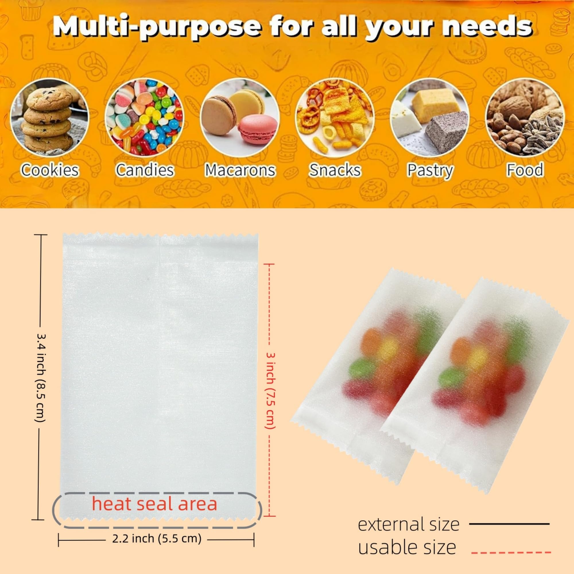 Lot de 100 sacs à biscuits individuels en cellophane transparent mat pour caramels, chocolats, desserts, collations, cadeaux de fête (5,5 x 8,5 cm)