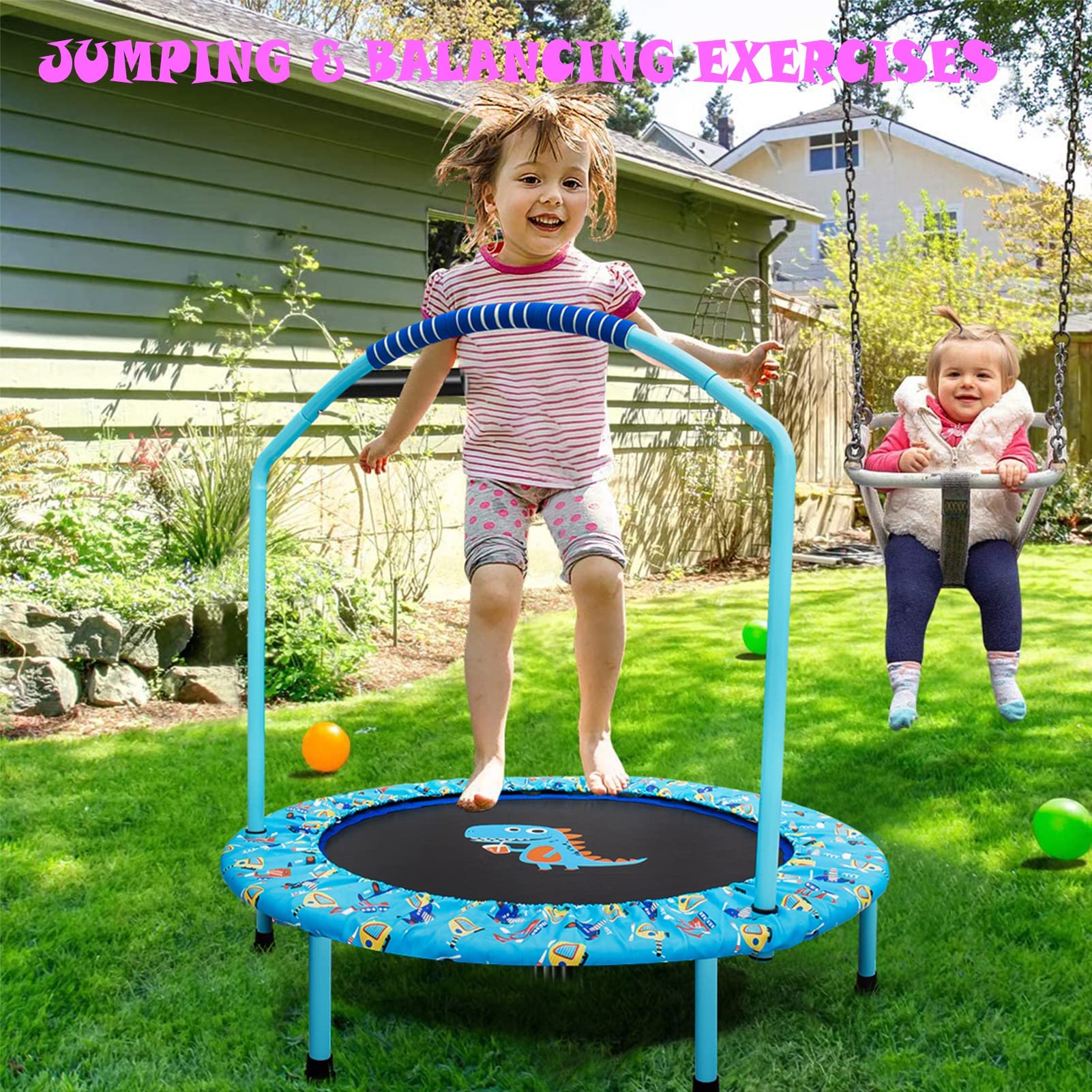38'' Kids Trampoline Mini Foldable Fitness Noise-Free Trampoline with Adjustable Handrail and Safety Padded Cover Exercise Foldable Bungee Rebounder Indoor Outdoor Garden Use